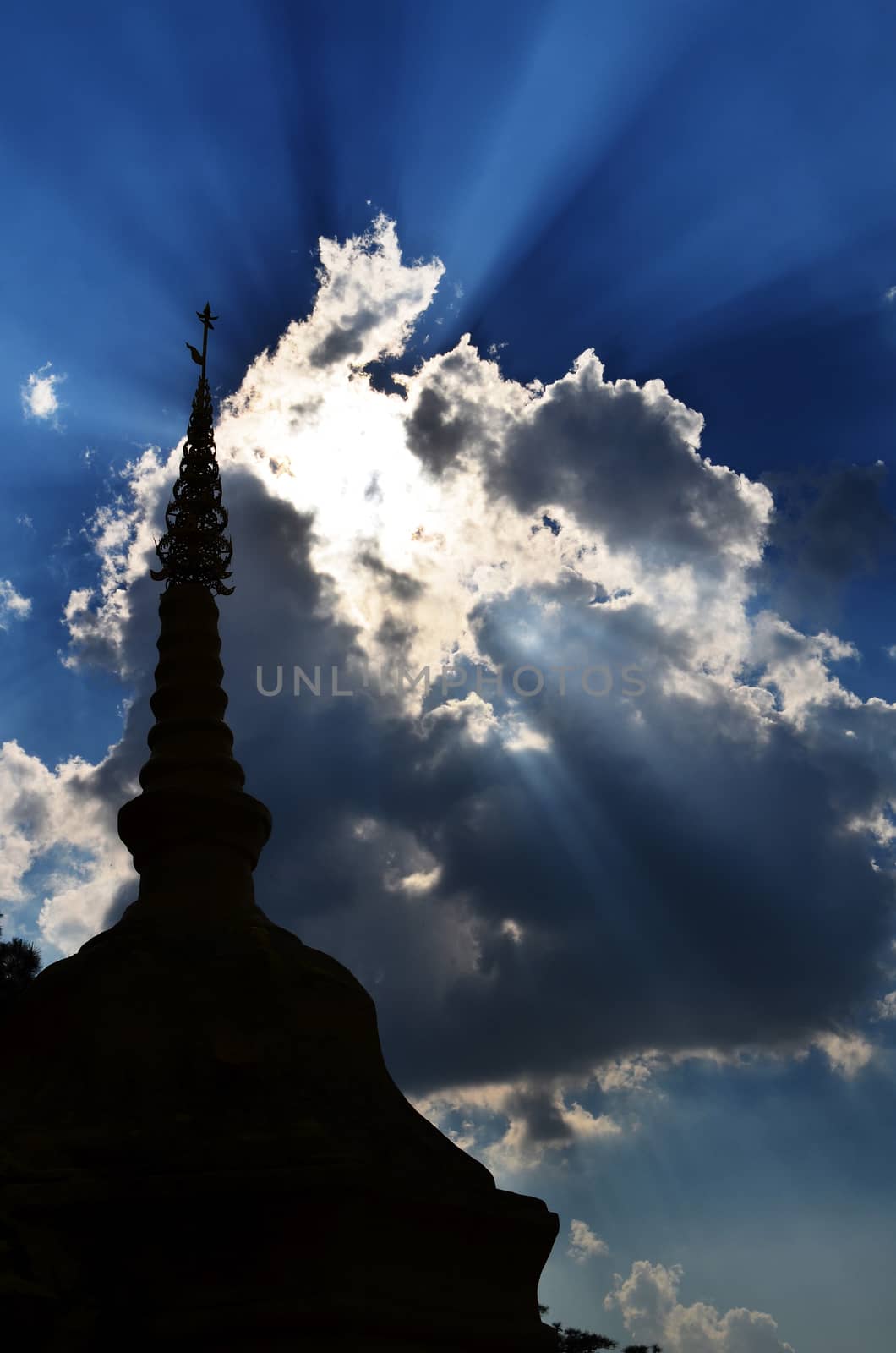 Gloden Phra That on Hill above Village Series 1_4, Sunlight, Silhouette, Cloud and Blue Sky, Chiang Mai province, Thailand