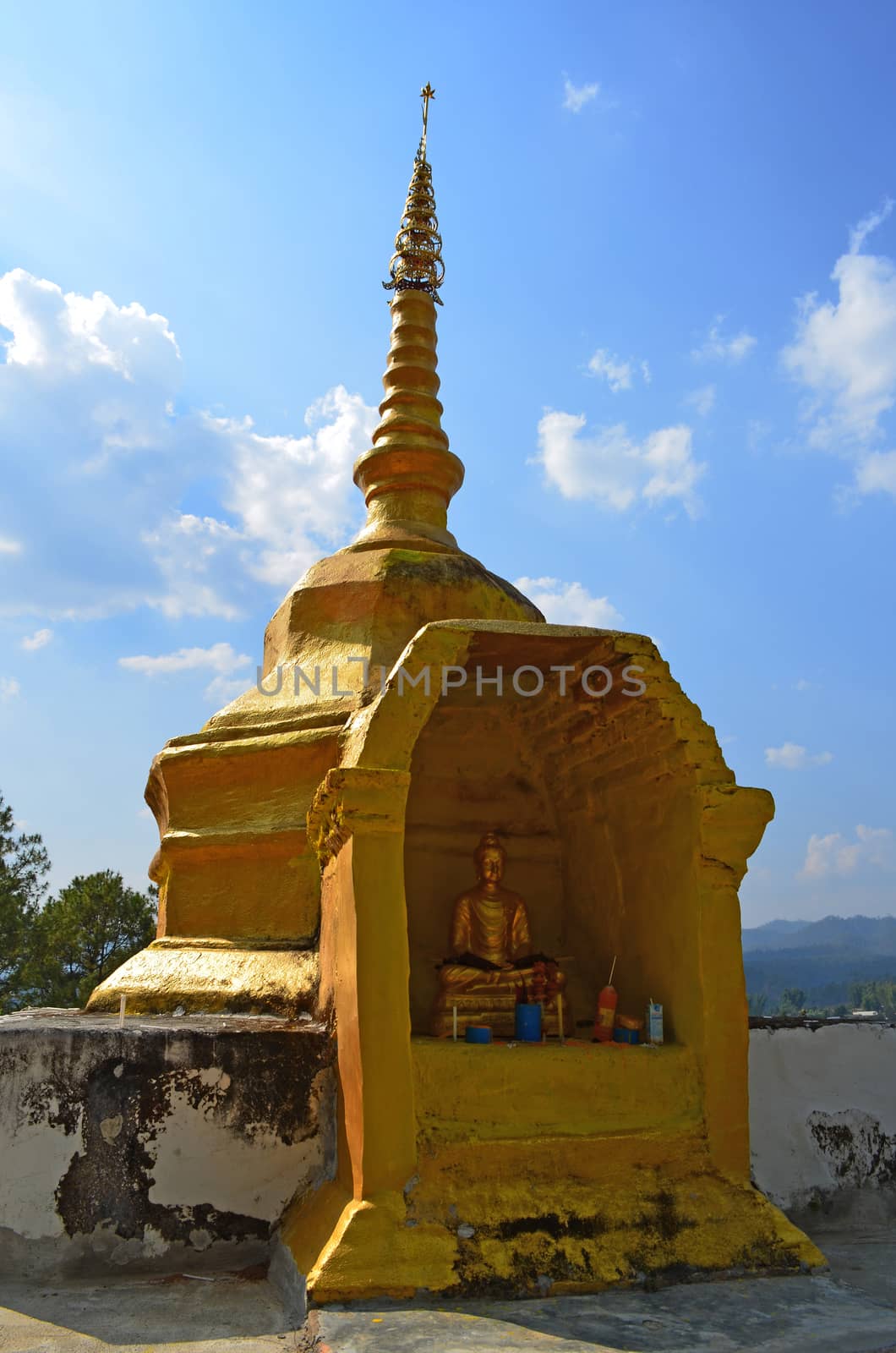 Golden Phra That on Hill above Village Series 1_2, Buddha Image, Cloud and Blue Sky, Chiang Mai province, Thailand