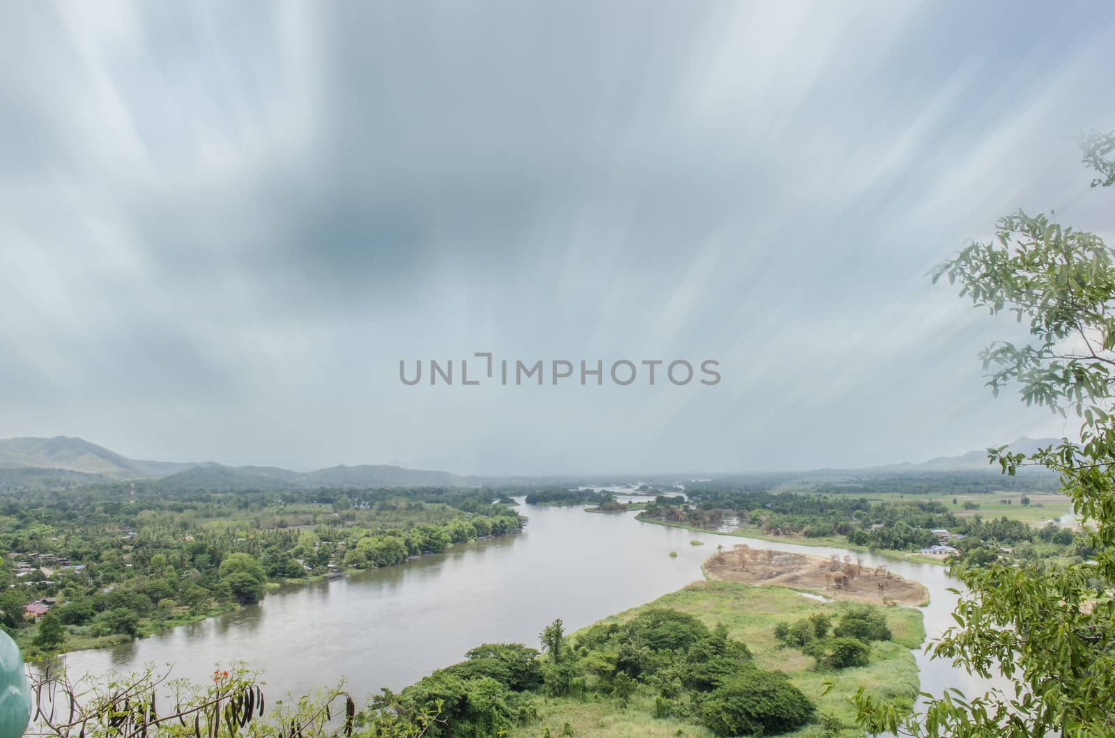 Landscape from the Hill Beside River with Moving Cloud and Green Trees.