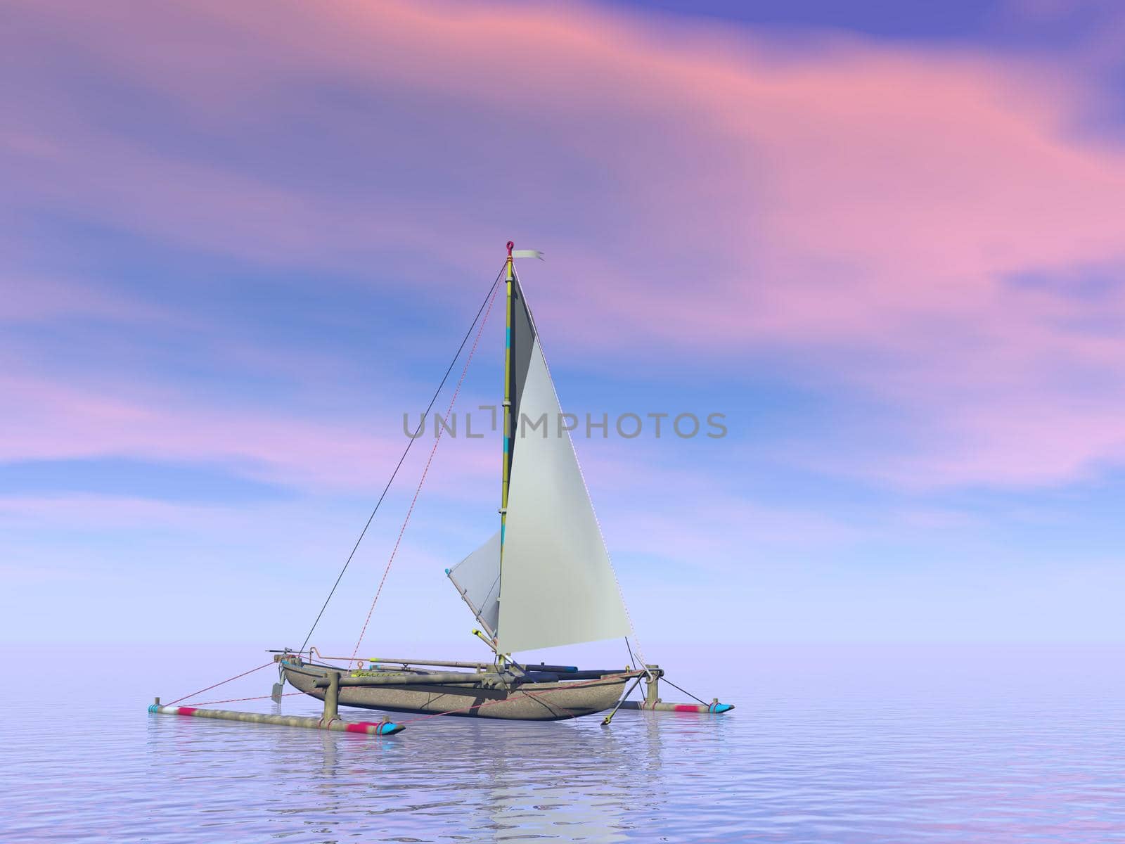 Single trimaran boat floating on the water by pink sunset