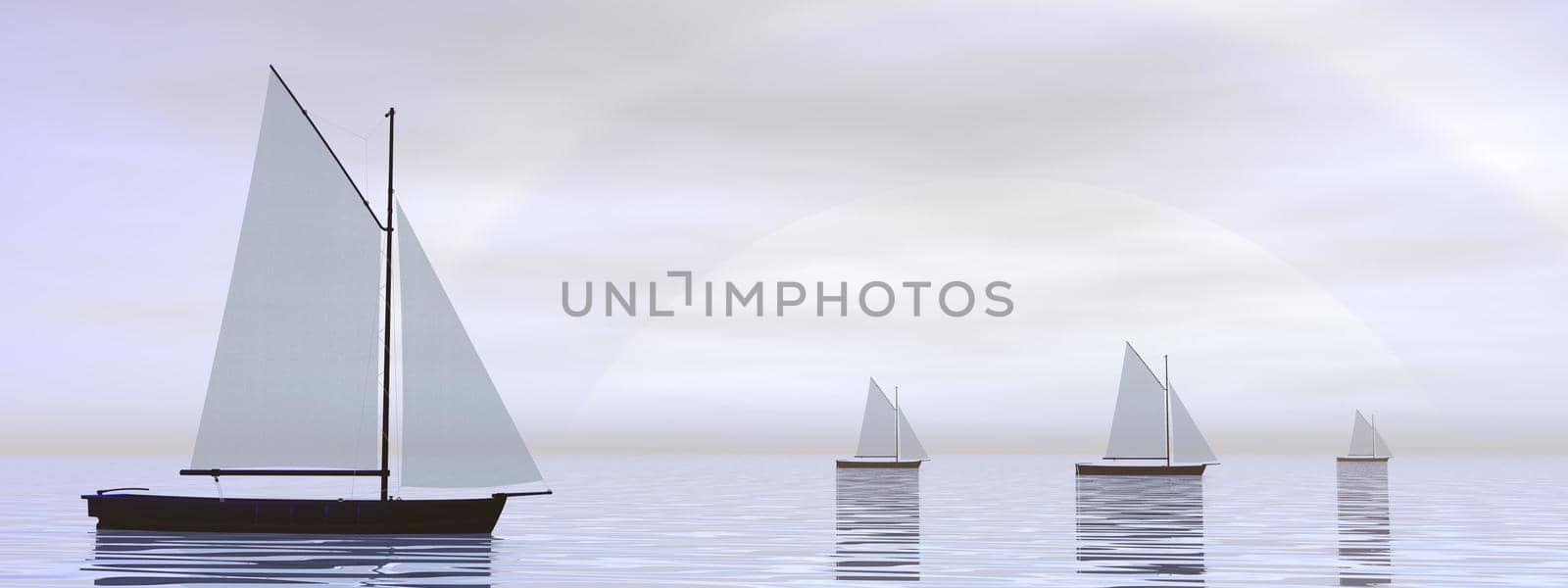 Several sailing boats floating on the water in front of hard white sun