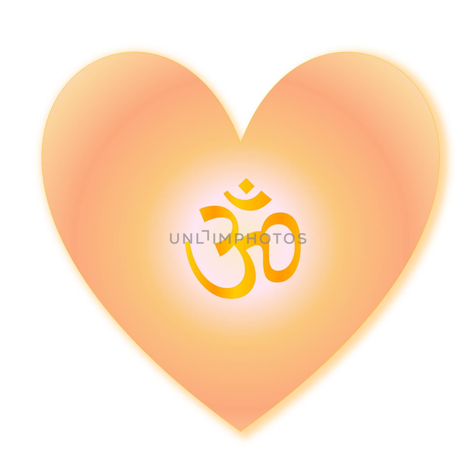 Golden aum in heart isolated into white background