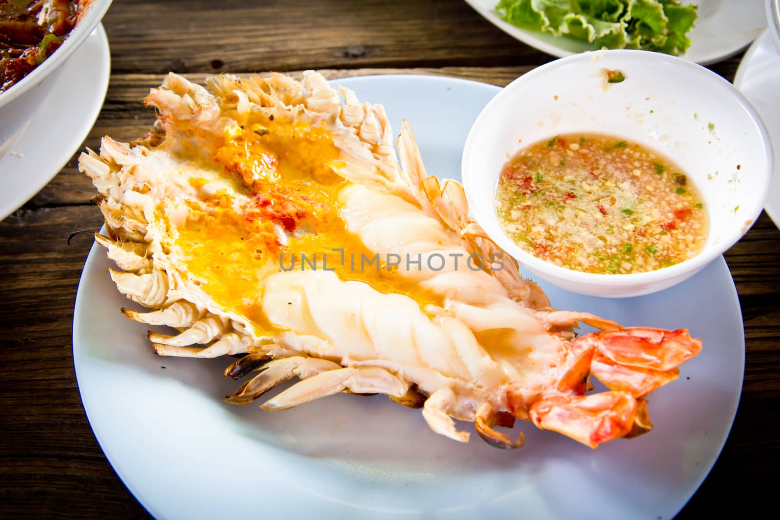 Grilled fresh big shrimp (Macrobrachium rosenbergii) at Thailand by tisskananat