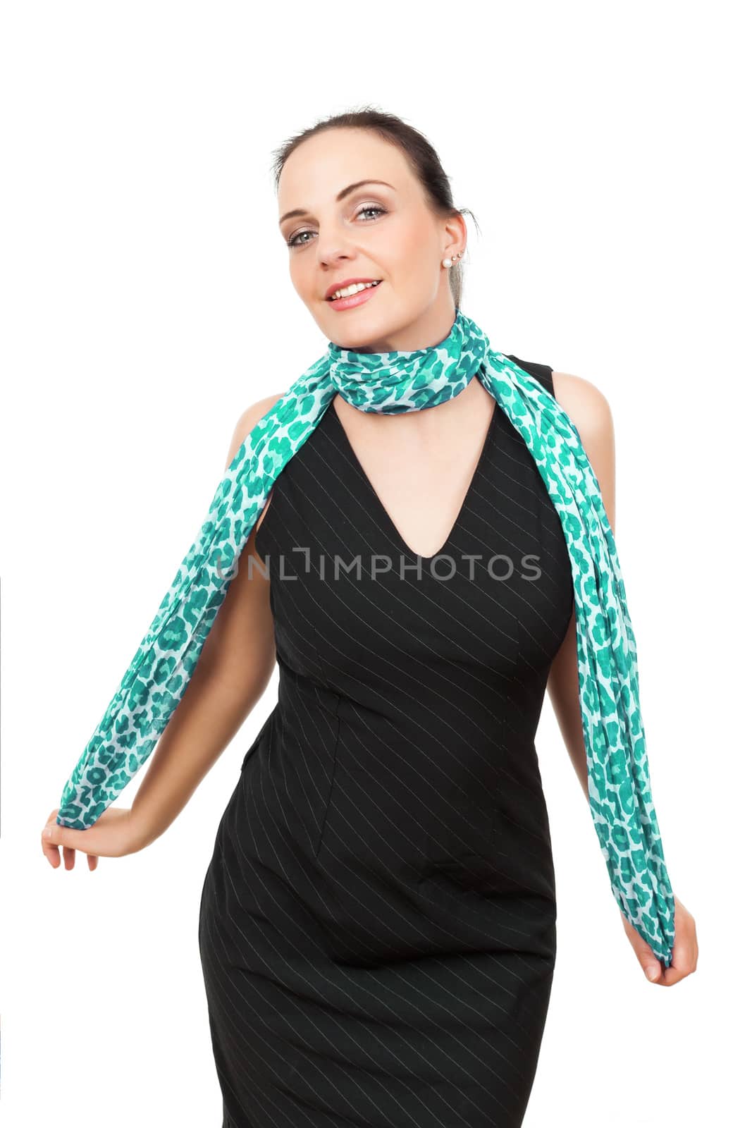 An image of a woman with a turquoise scarf