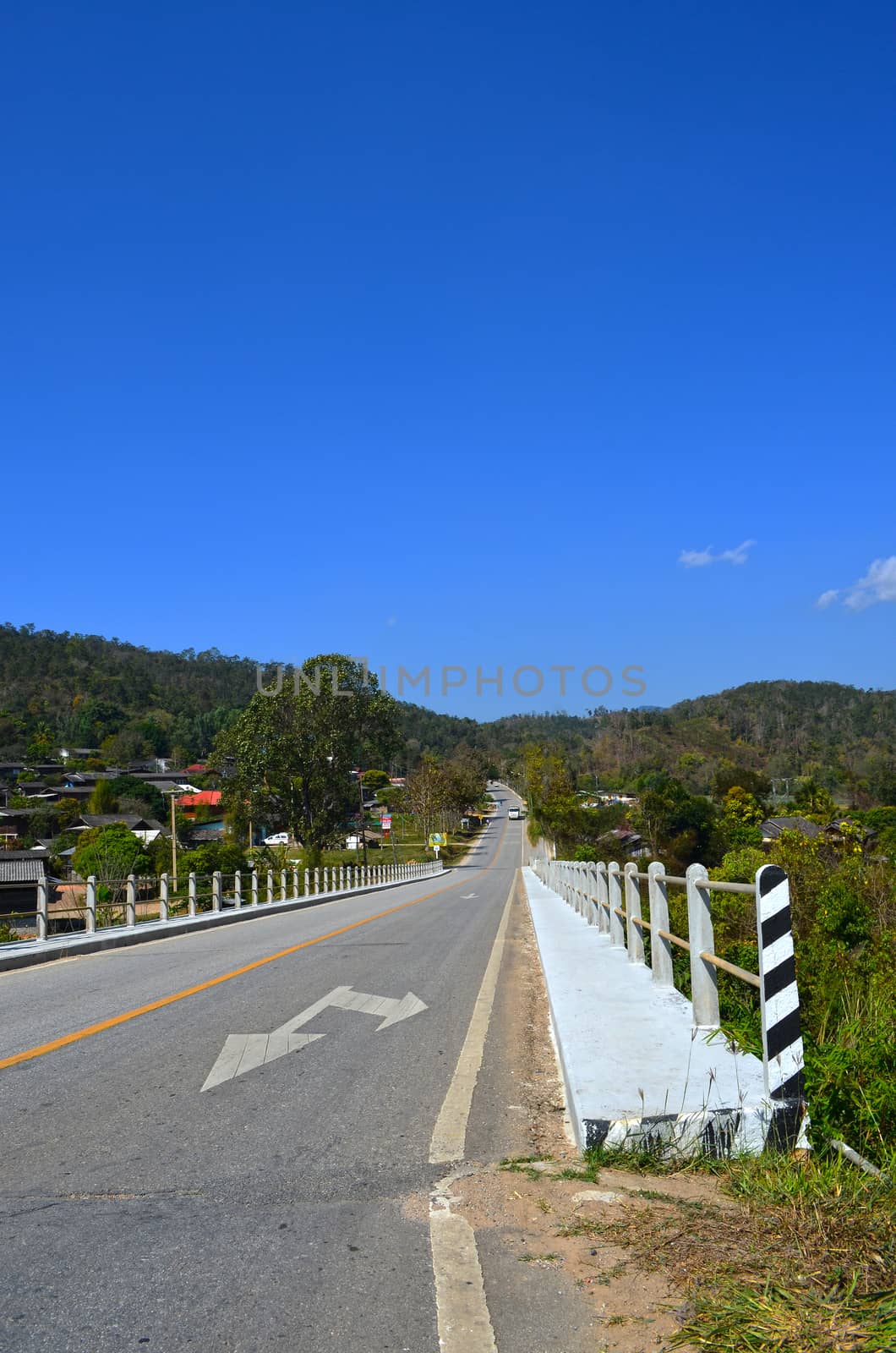 On Asphalt Road pass Country Village 1_1, Bridge, Direction, Tra by kobfujar