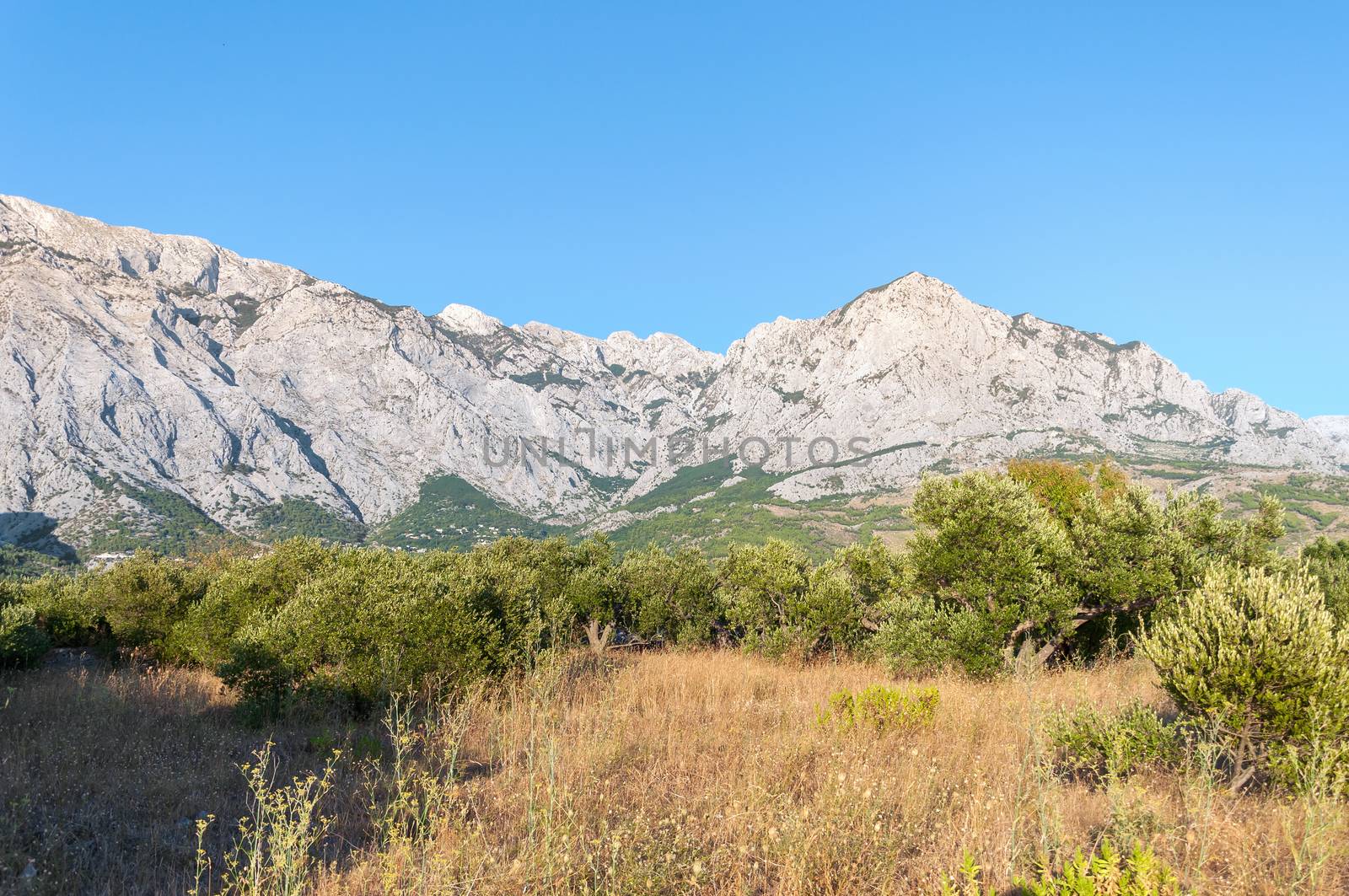 Panorama of Biokovo Mountains in Croatia. View from Baska Voda.