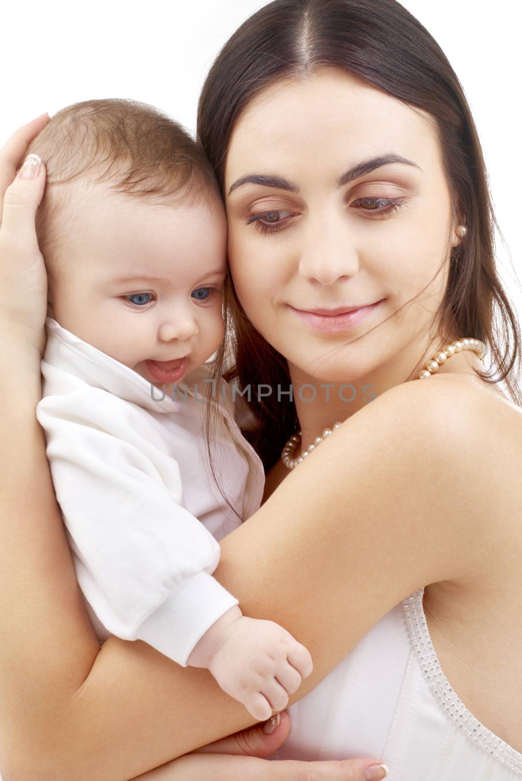 picture of happy mother with baby over white