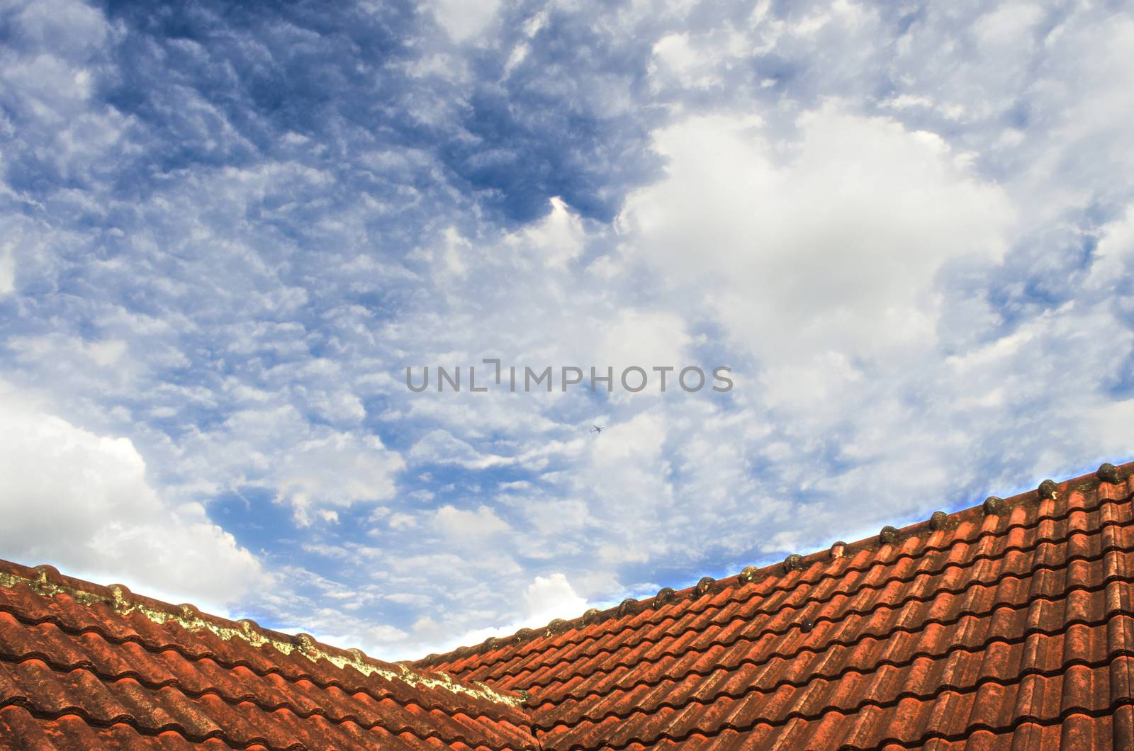 Tiled Roof with Fluffy Cloud Blue Sky by kobfujar