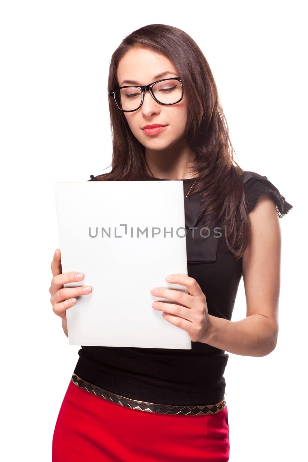 Office girl holding empty paper blank document isolated on white