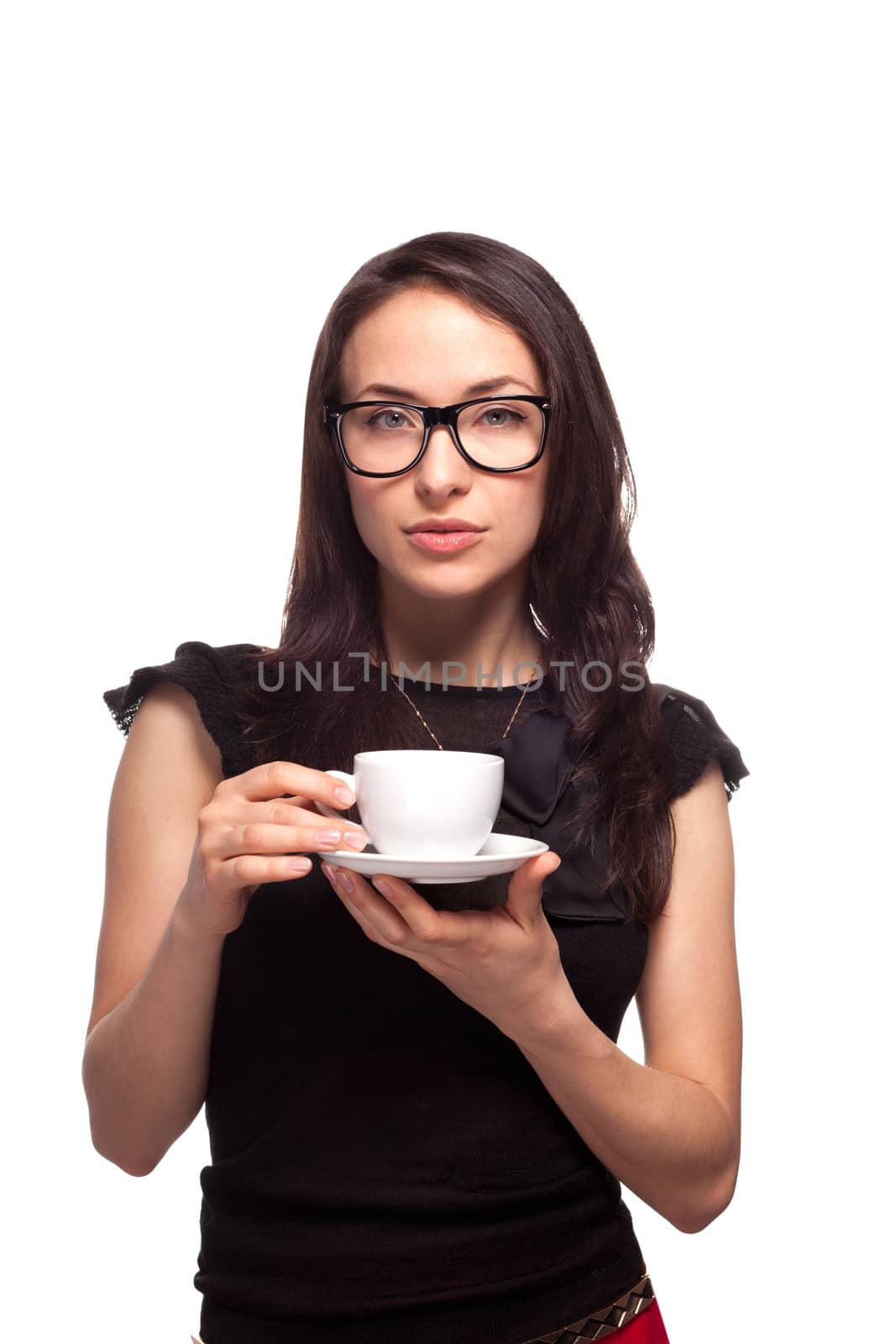 Young woman secretary office worker with coffee mug isolated on white