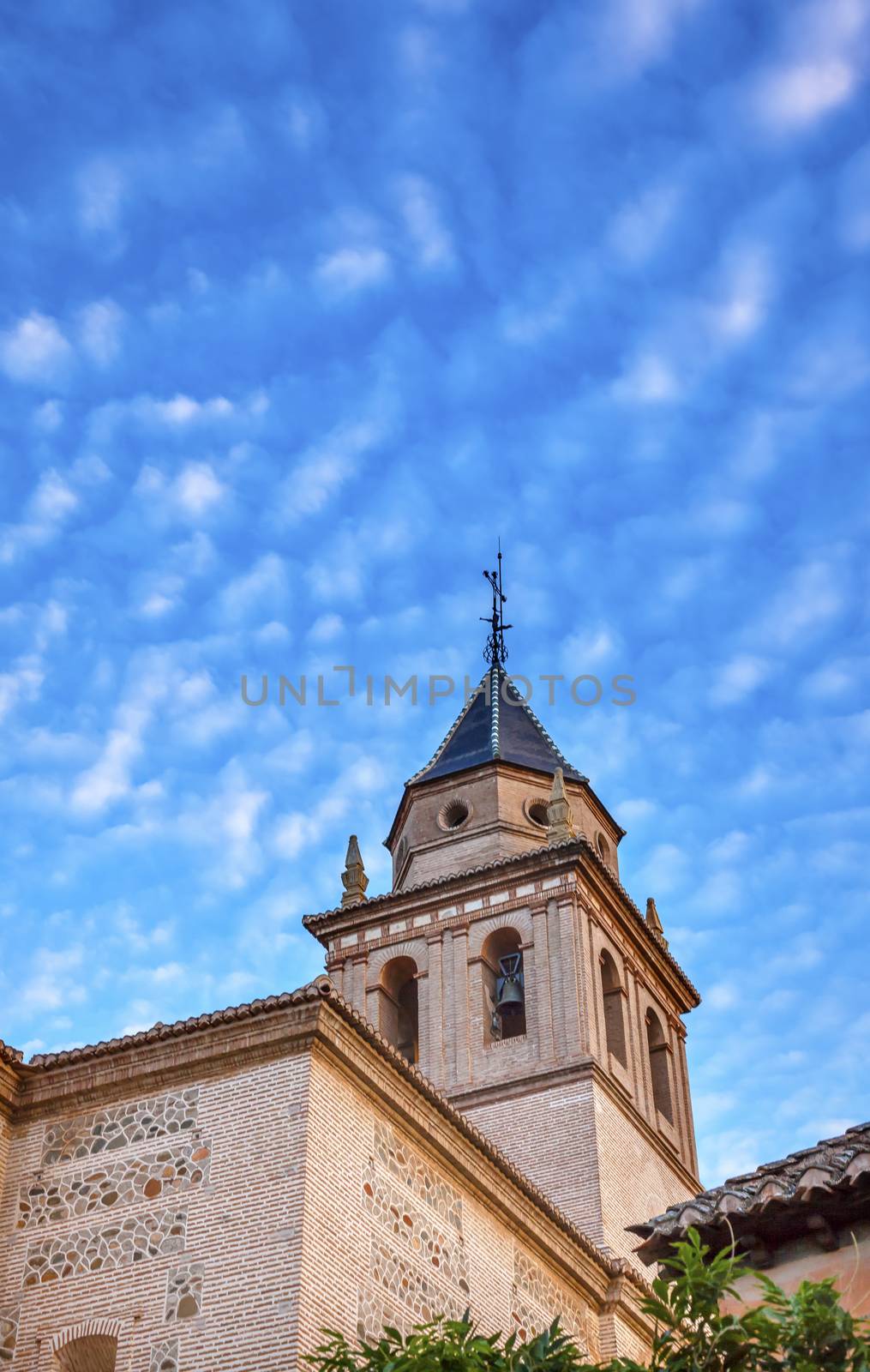 Santa Maria Church Alhambra Granada Andalusia Spain. Alhambra is the last Moorish Moslem Palace that was conquered by King Ferdinand and Queen Isabella in 1492.