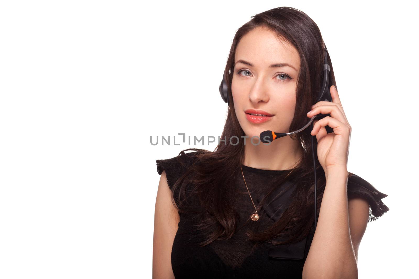 Call center support office woman with headset isolated on white