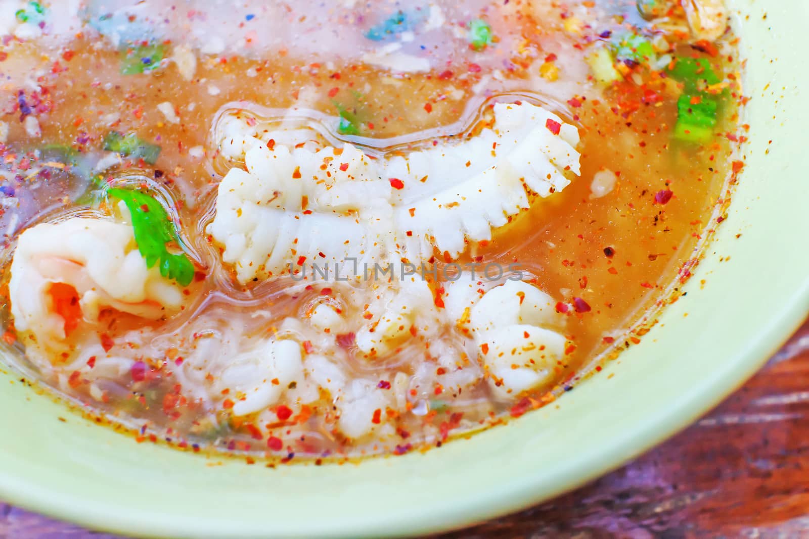 Thai congee with shrimp and squid for breakfast.