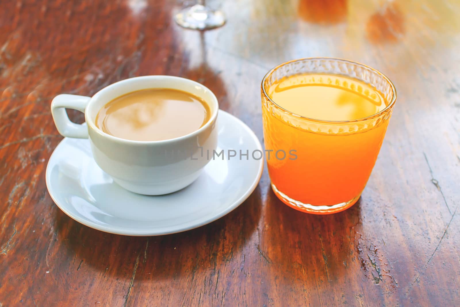 Morning coffee and orange juice close up shoot.