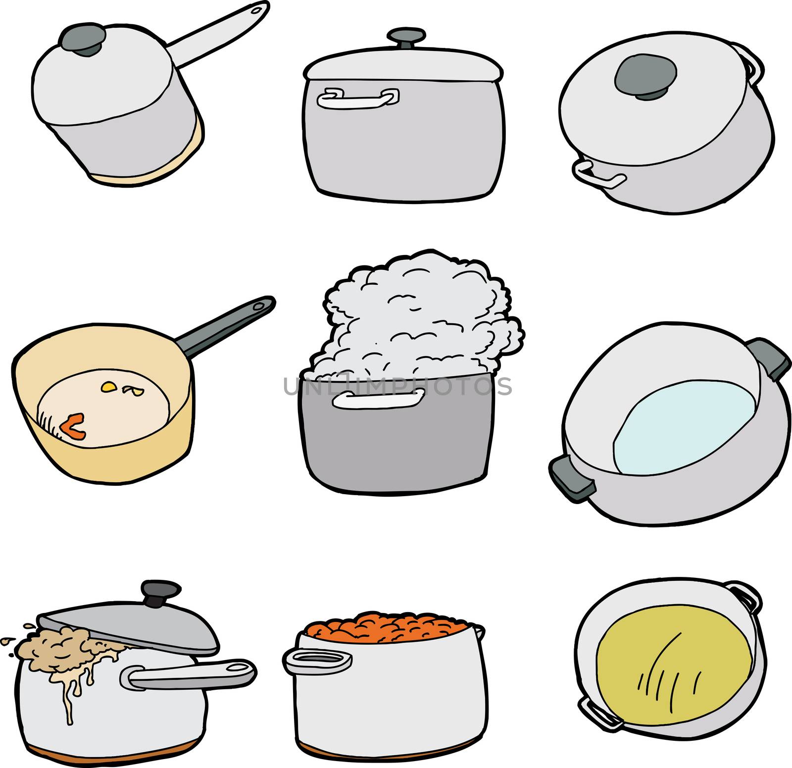Series of kitchen pots over isolated white background