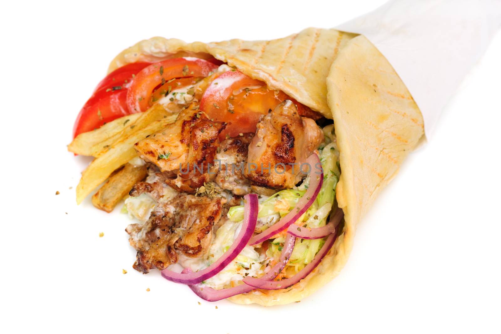 greek gyros stuffed with meat, salad, onion, tomato and potato