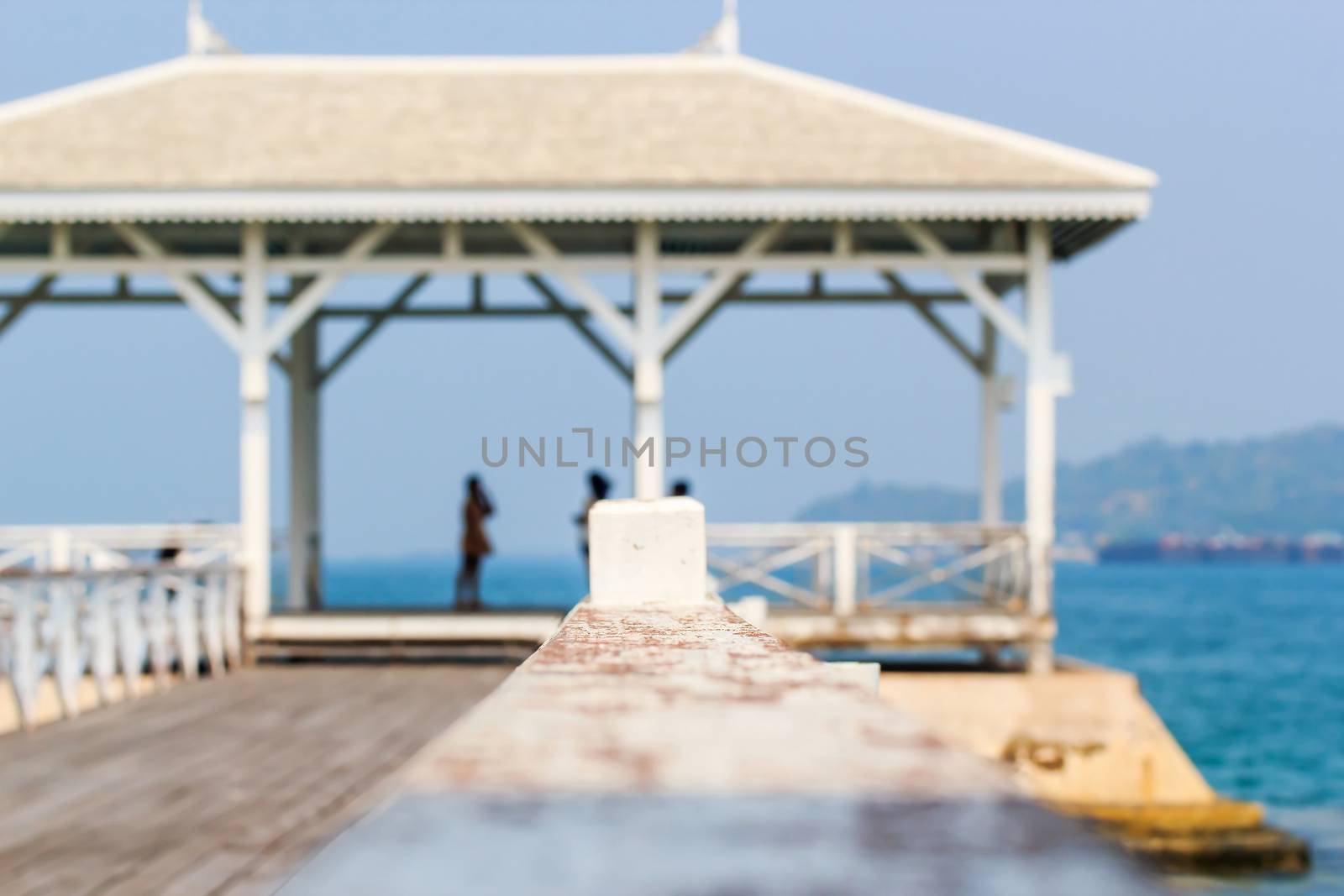 Pavilion made ������of wood in the middle of the sea.