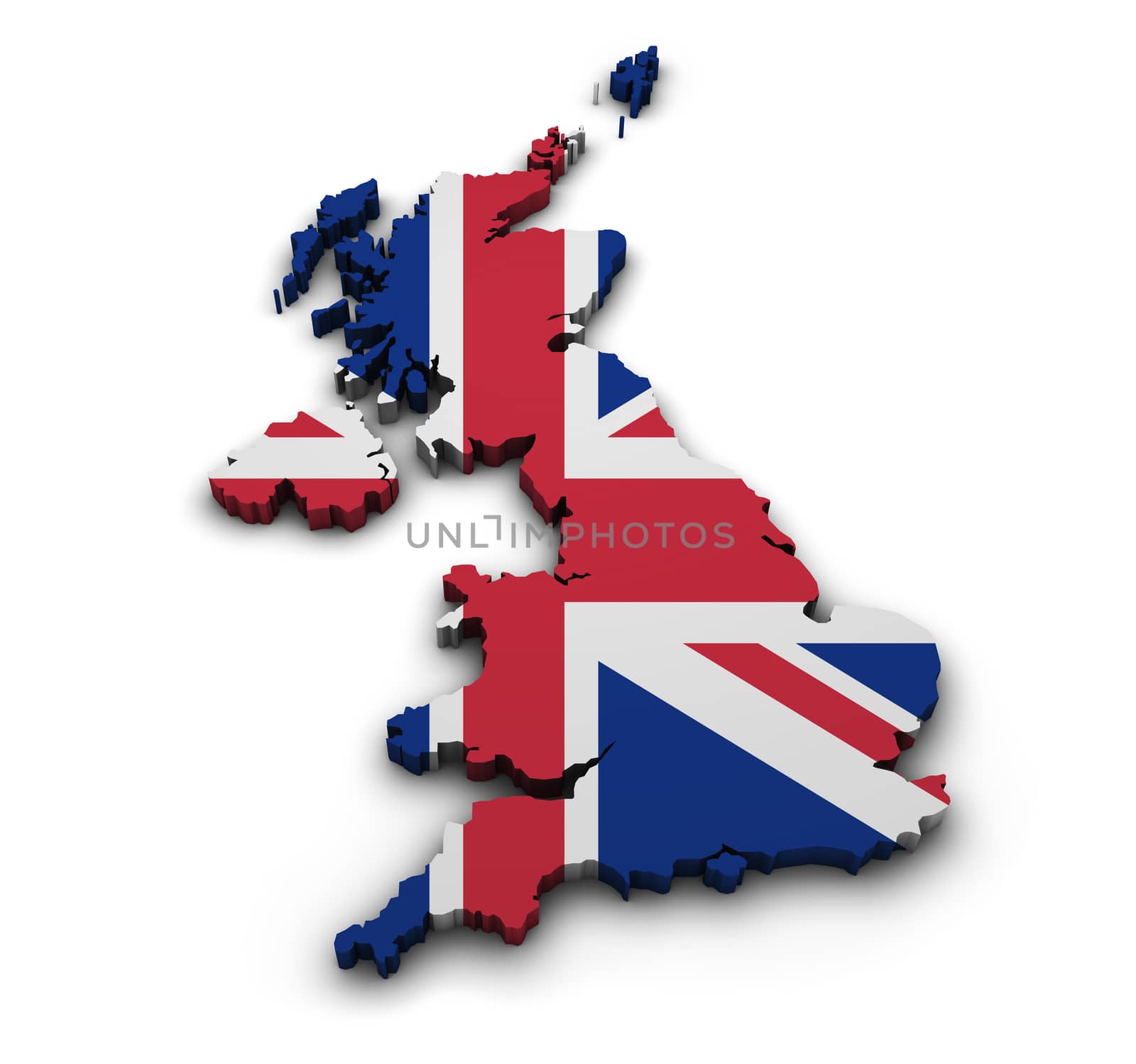 Great Britain background. Shape 3d of United Kingdom map with flag isolated on white.