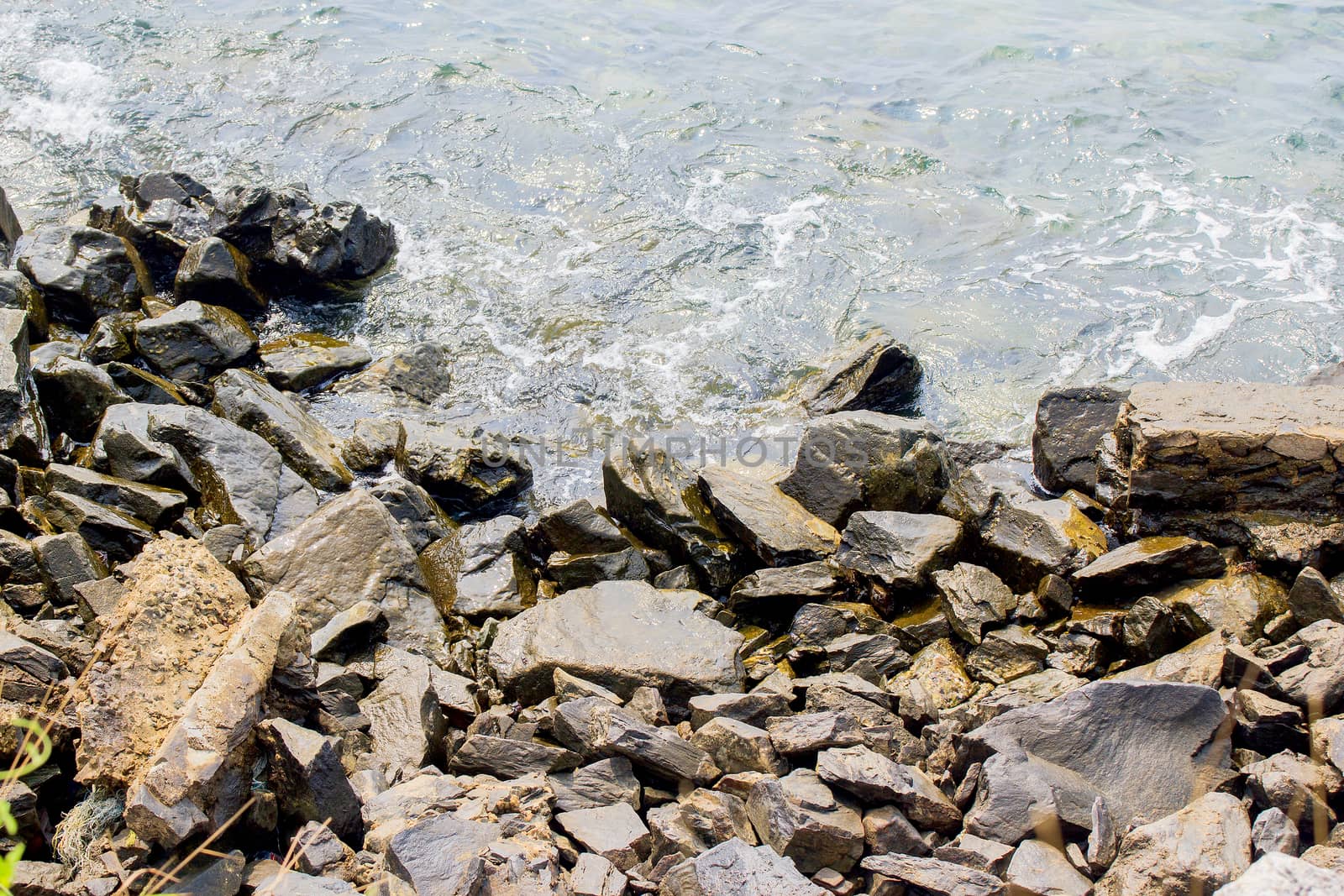 Rocky beach and surf with the sea.