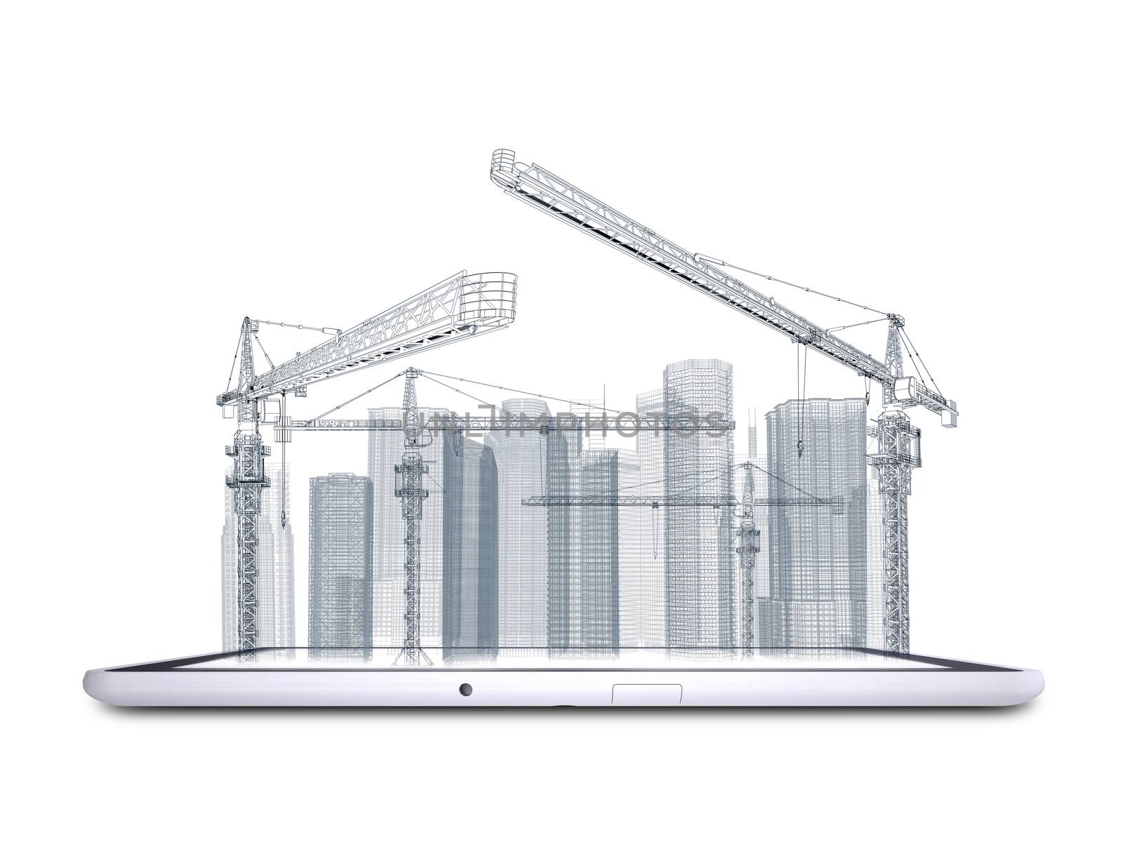 Wire frame tower crane and skyscrapers on the tablet pc. White background