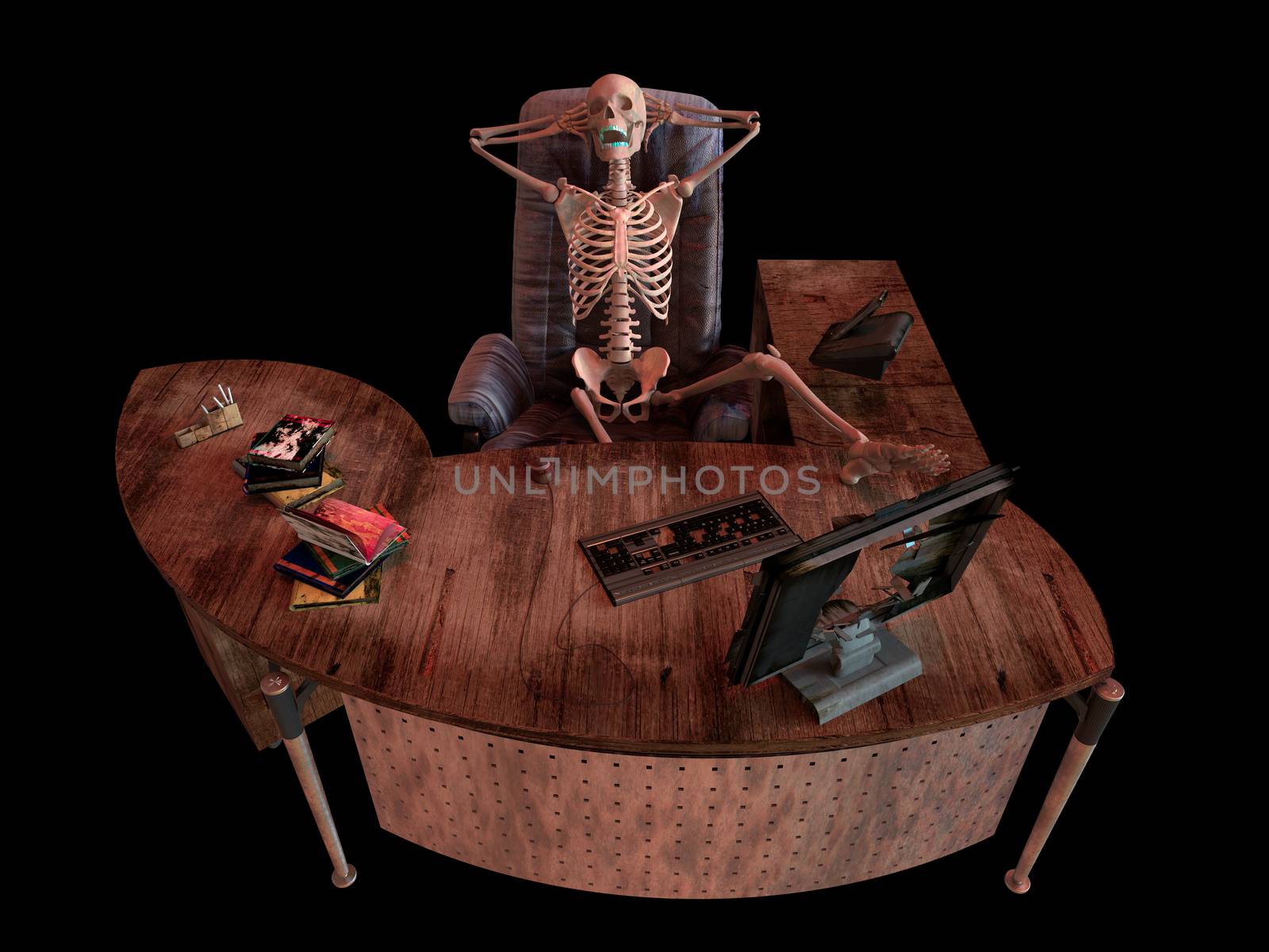 sitting skeleton in office interior concept illustration