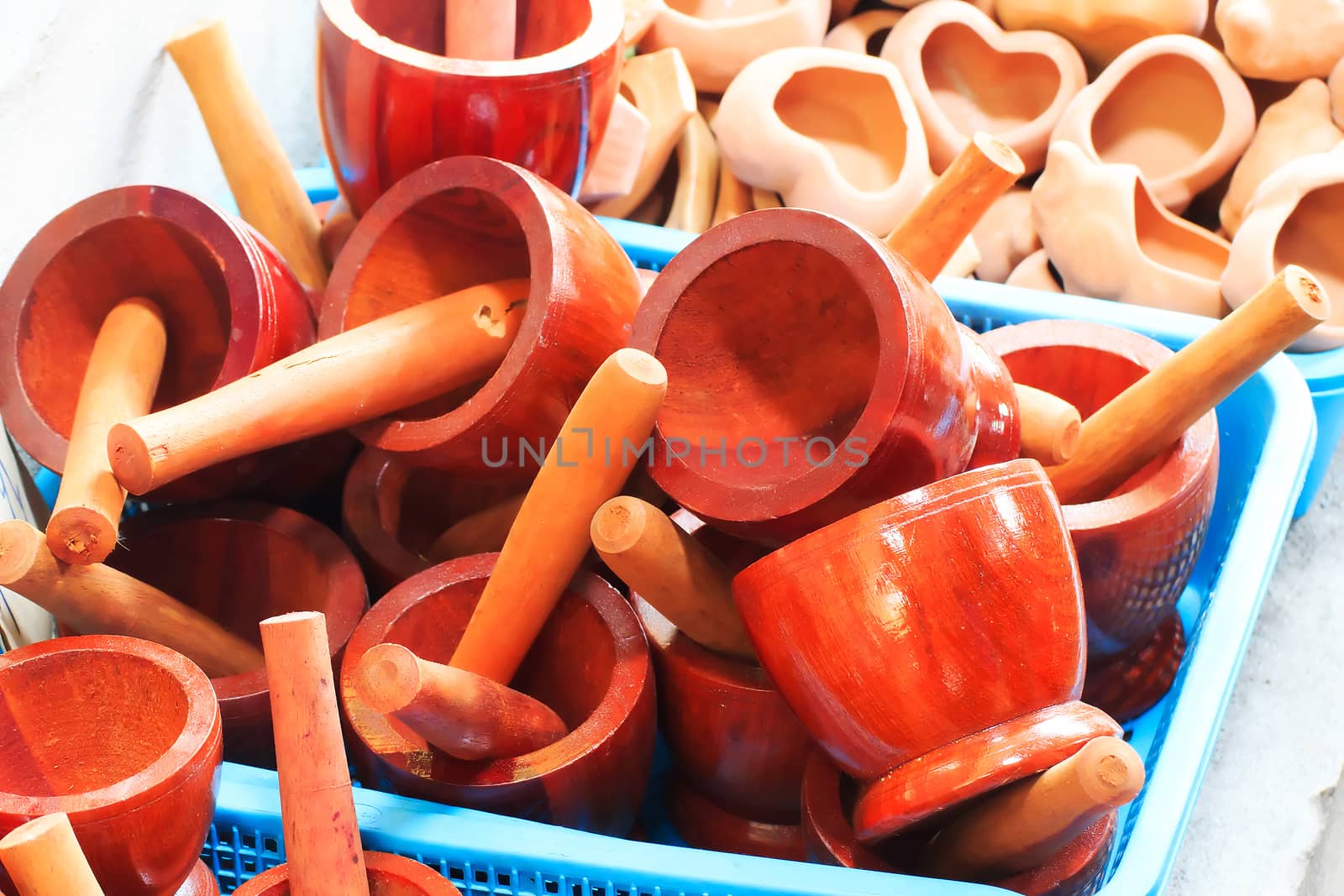 The handmade wooden mortar paste stack together.