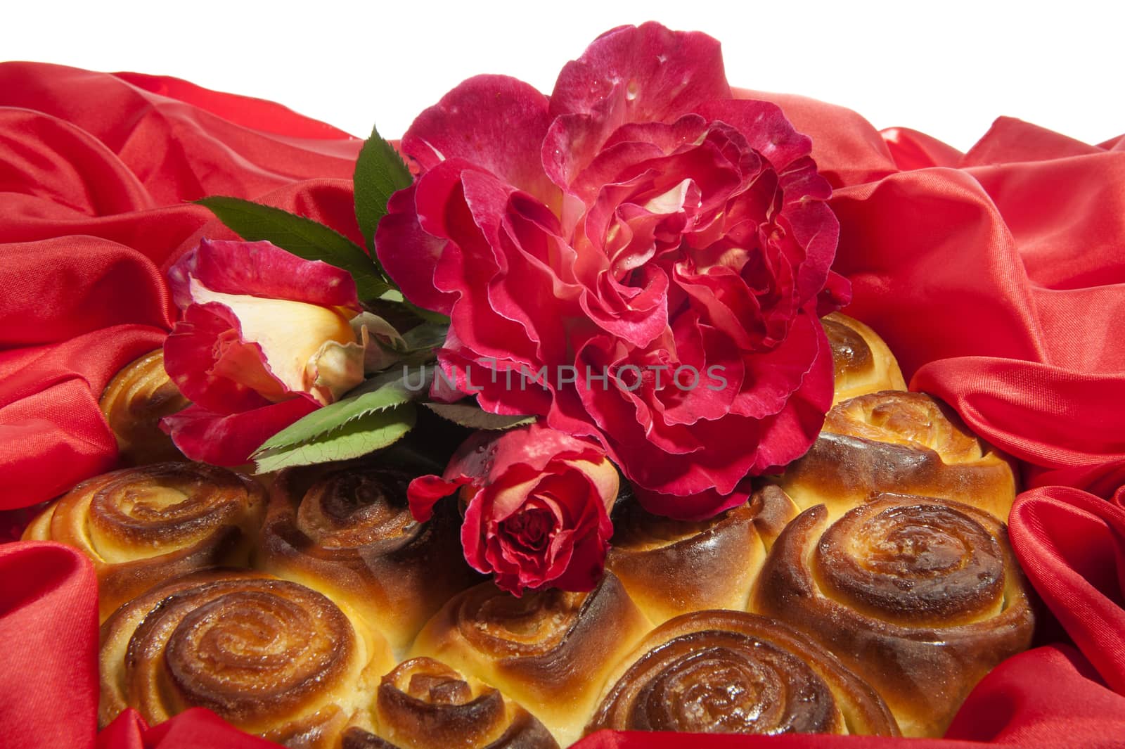 roses cake for mother day on  a fabric  background 