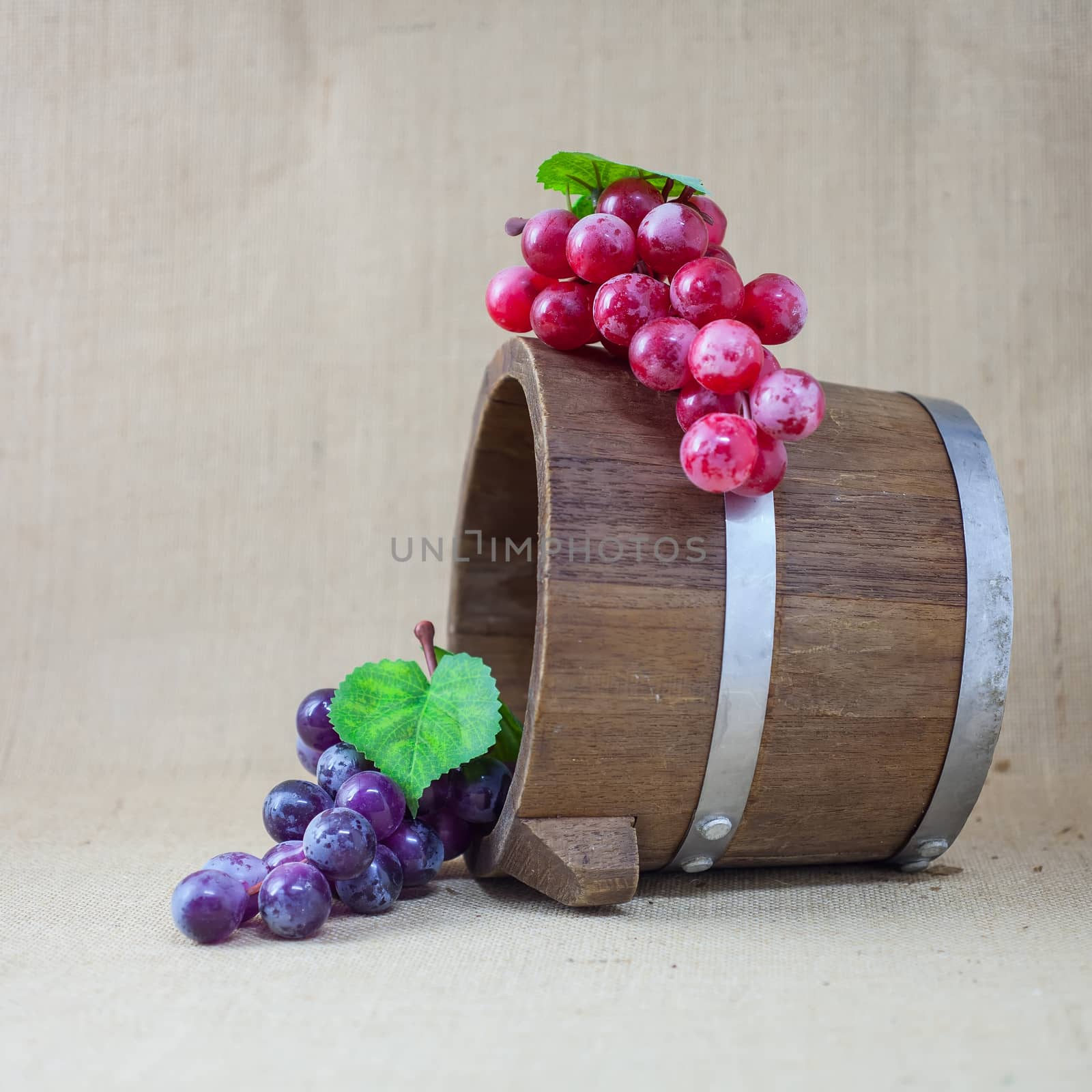 grapes on wooden bucket  still life 