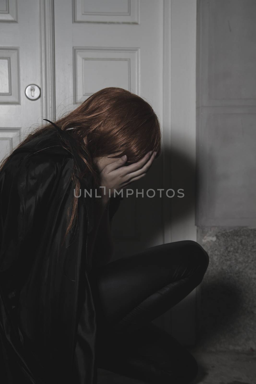 Cry, Dark beauty under rain, red hair woman with long black coat