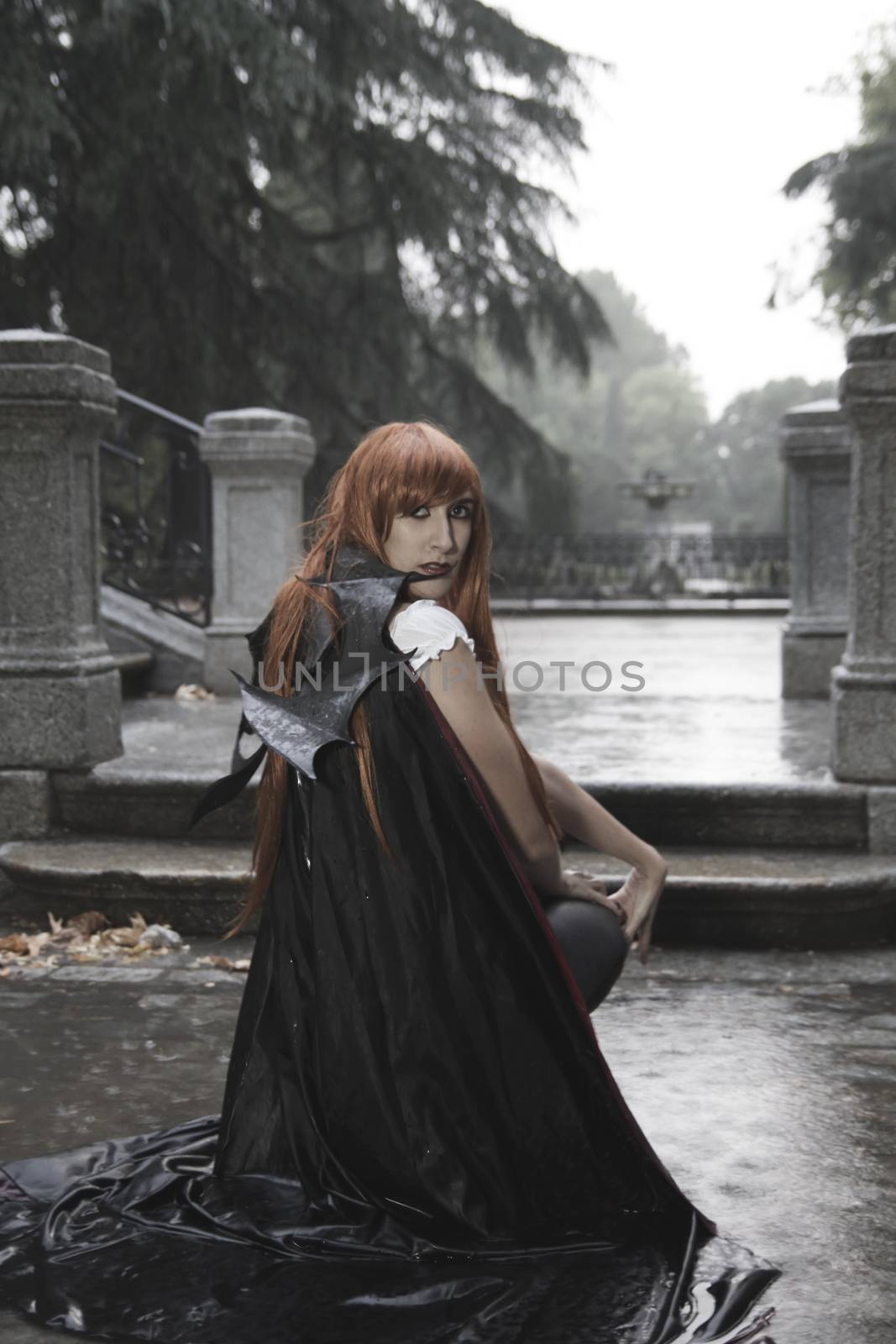 Vampire, Dark beauty under rain, red hair woman with long black coat