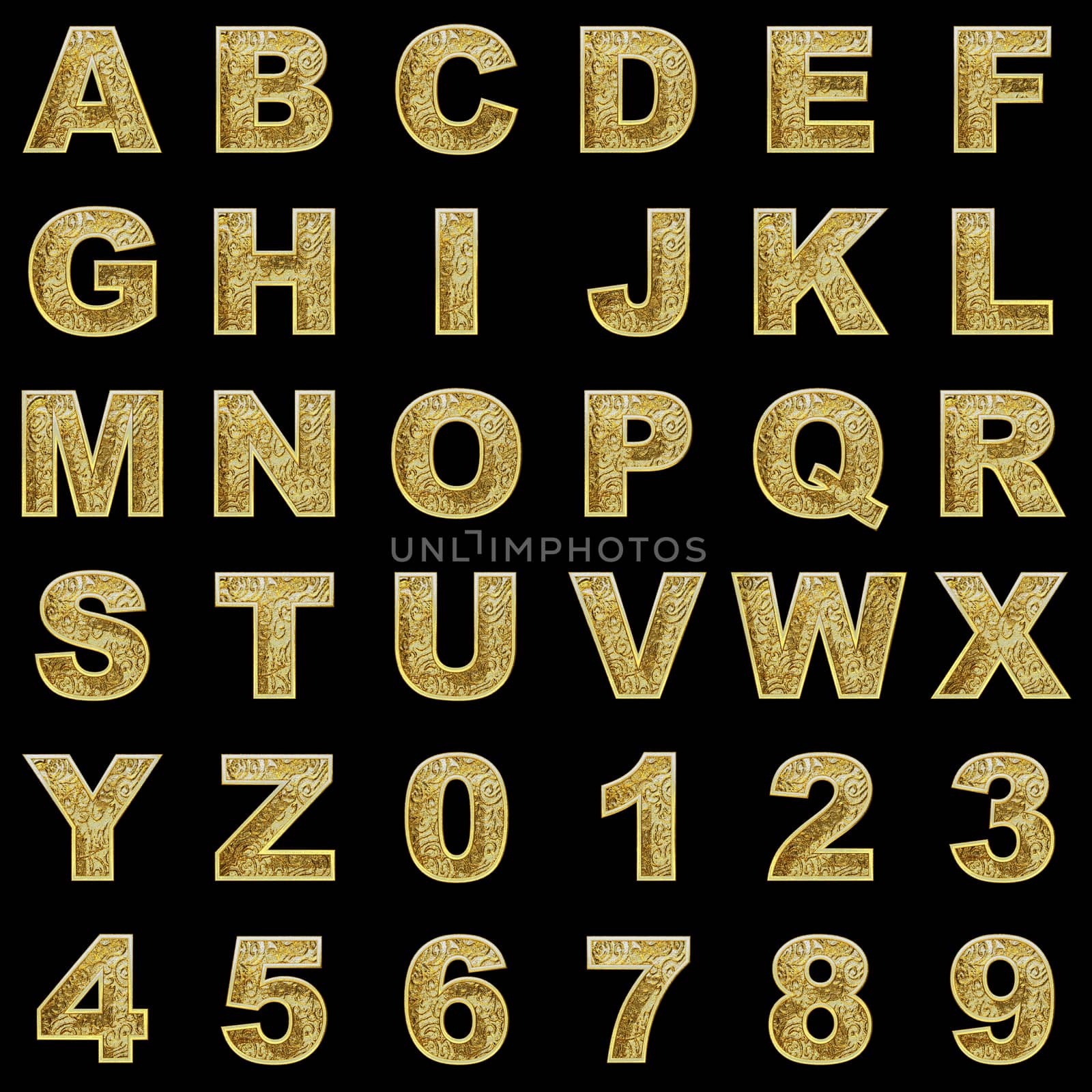 golden alphabet set on black background
