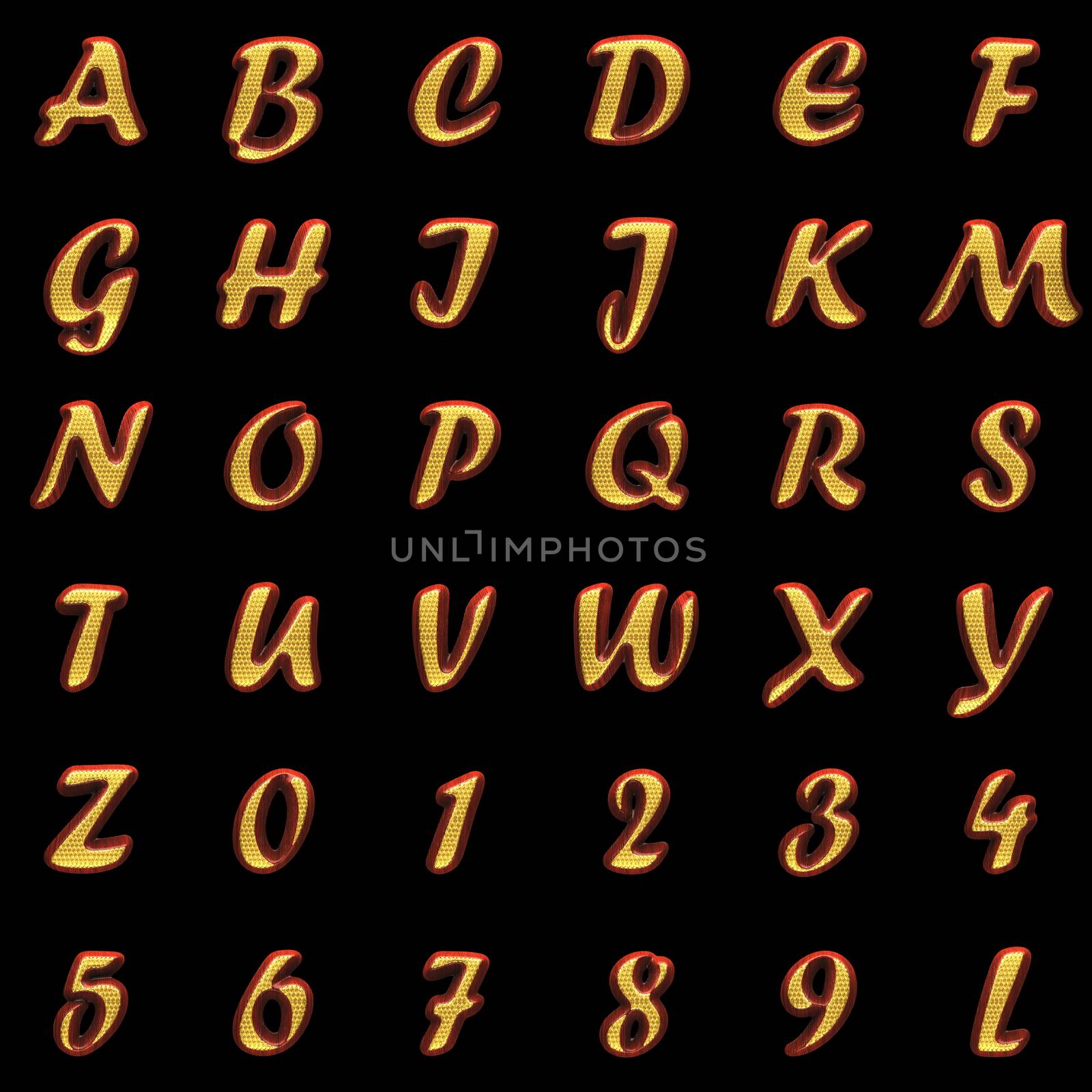 golden alphabet with red wood on black