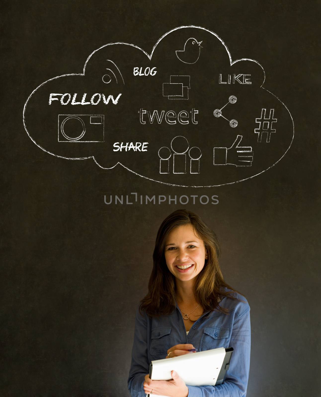 Businesswoman, student or teacher social media chalk concept blackboard background