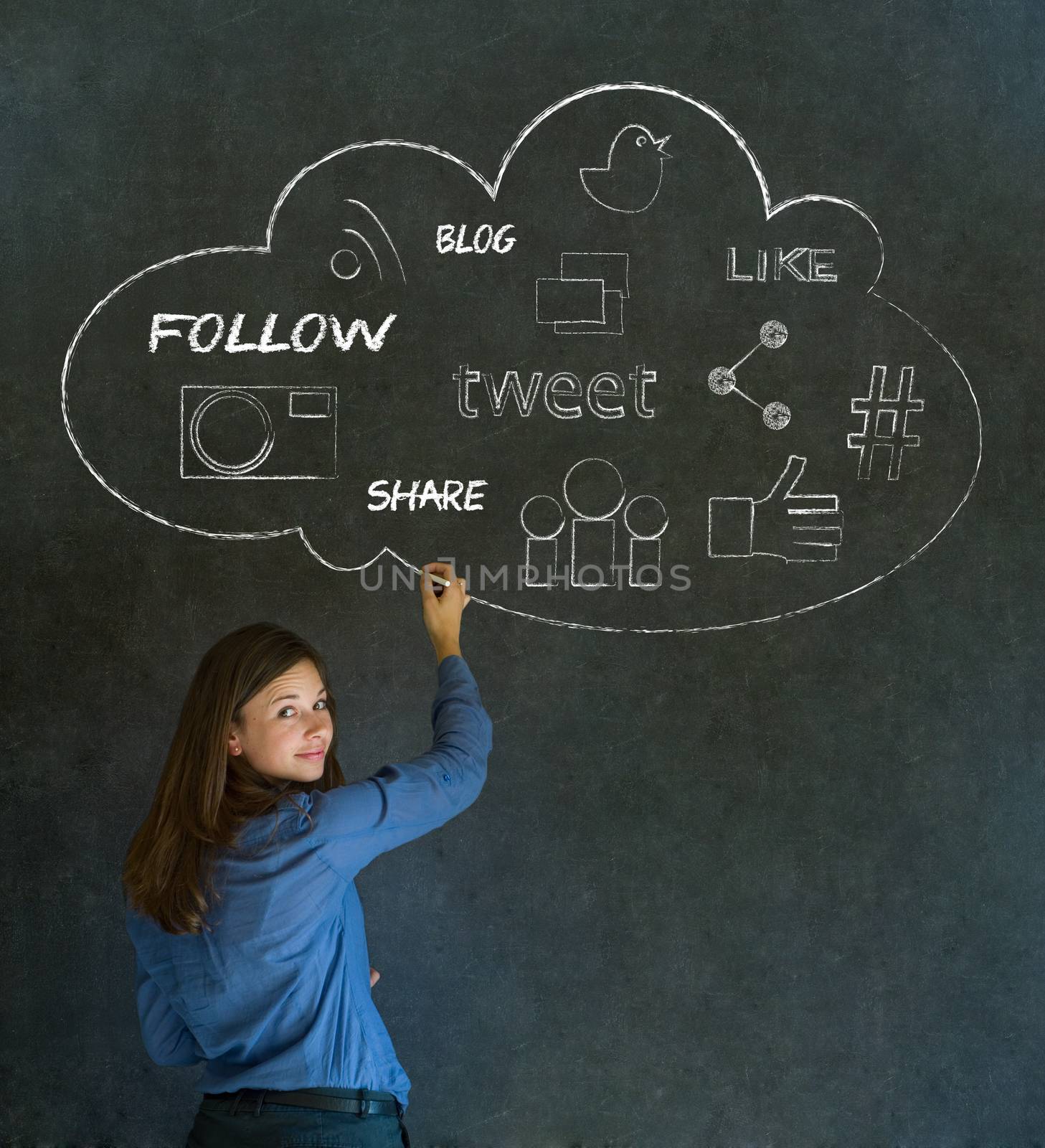 Businesswoman, student or teacher social media chalk concept blackboard background