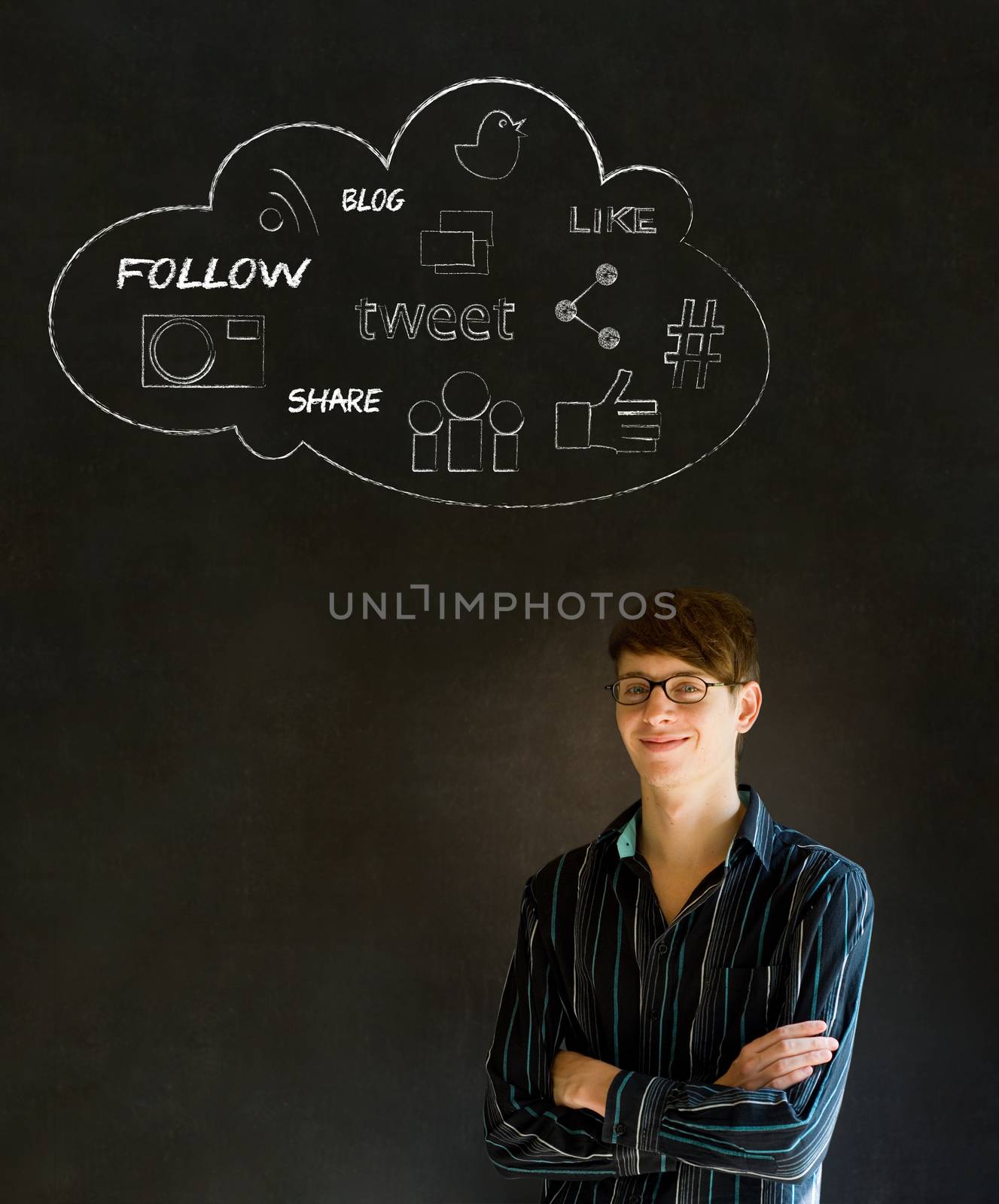 Businessman, student or teacher social media chalk concept blackboard background