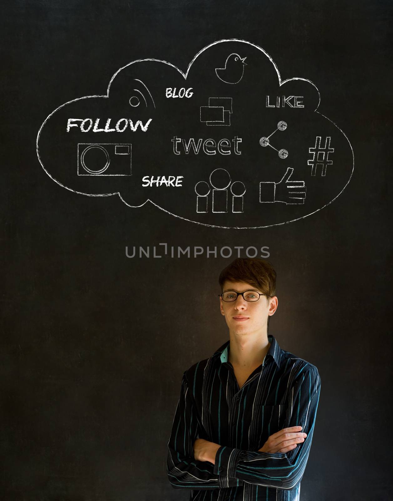 Businessman, student or teacher social media chalk concept blackboard background