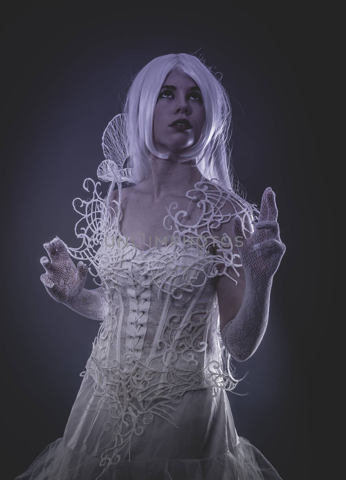 Sensual lady in white corset, long hair, handmade dress by FernandoCortes