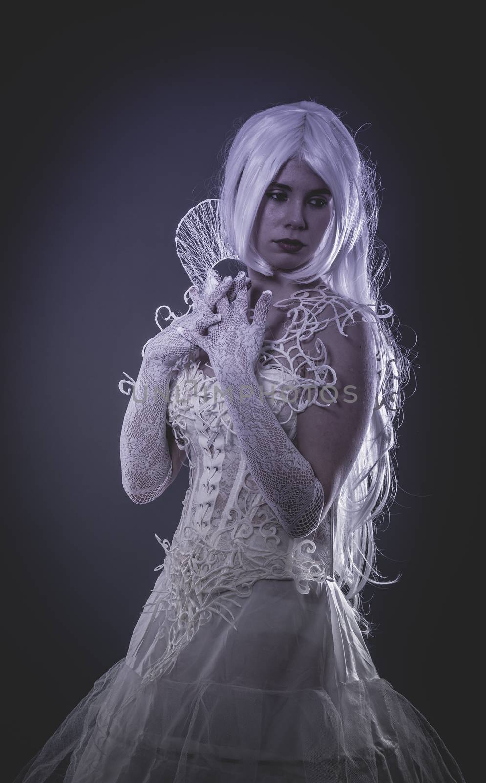 Sensual lady in white corset, long hair, handmade dress by FernandoCortes