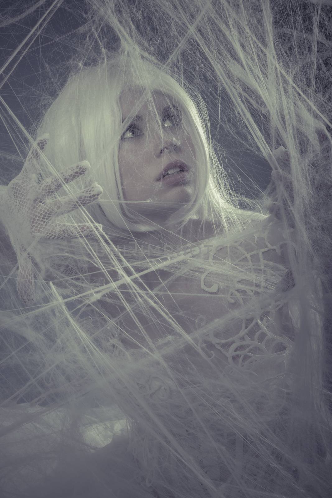 Spider web trapped, Sensual lady in white corset, long hair, handmade dress