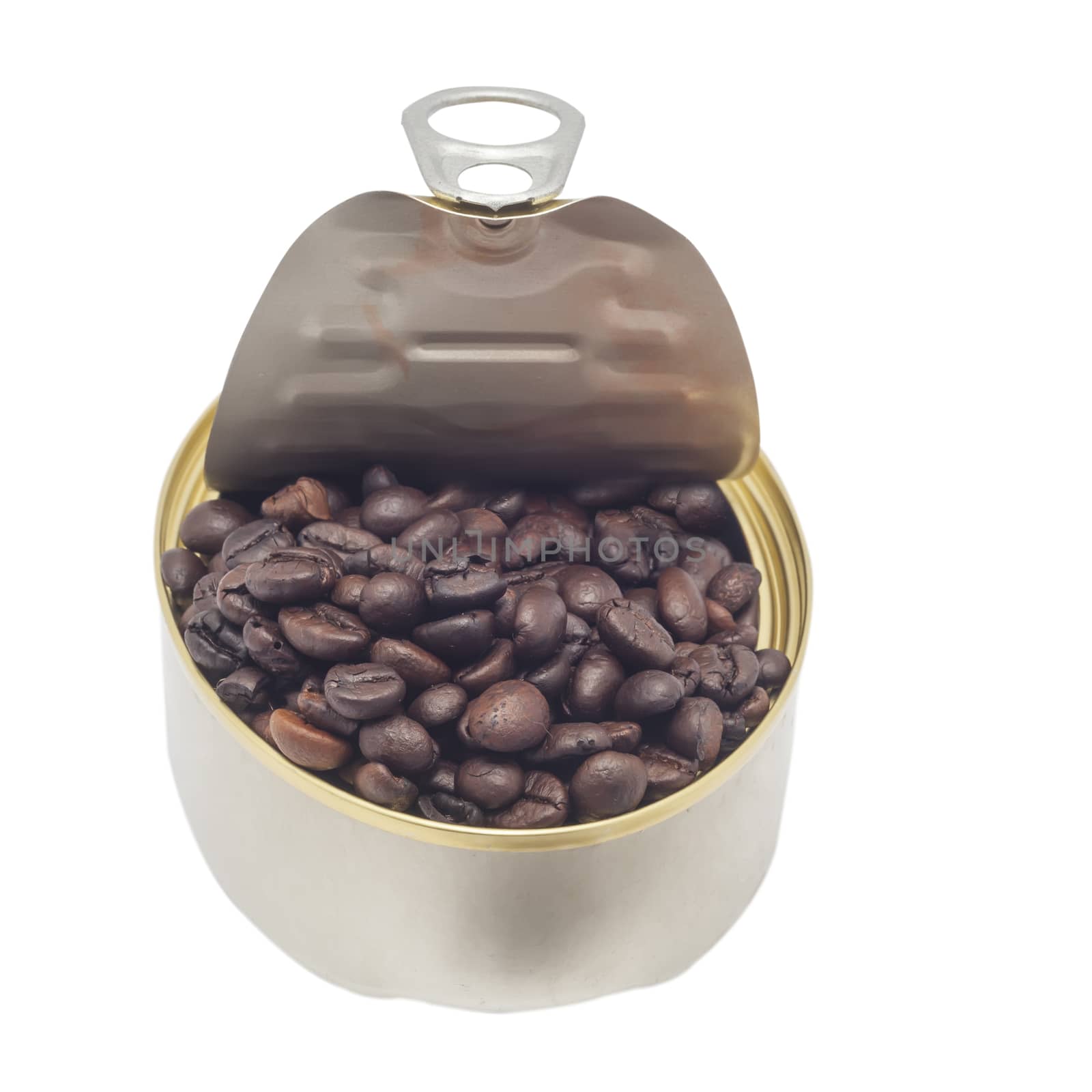 Coffee Bean from a Metal Tin on a white background.