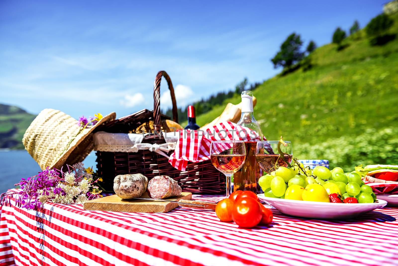 tasted picnic on the grass near a lake