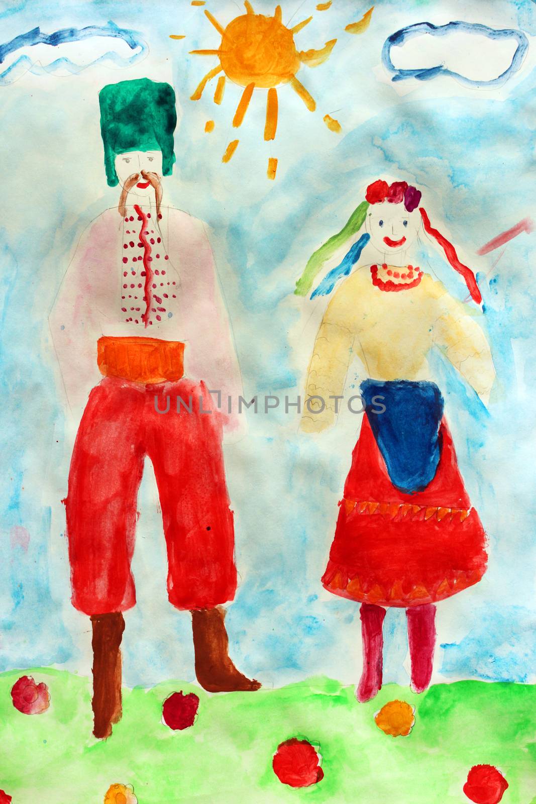 Children's drawing of man and woman in Ukrainian national suits