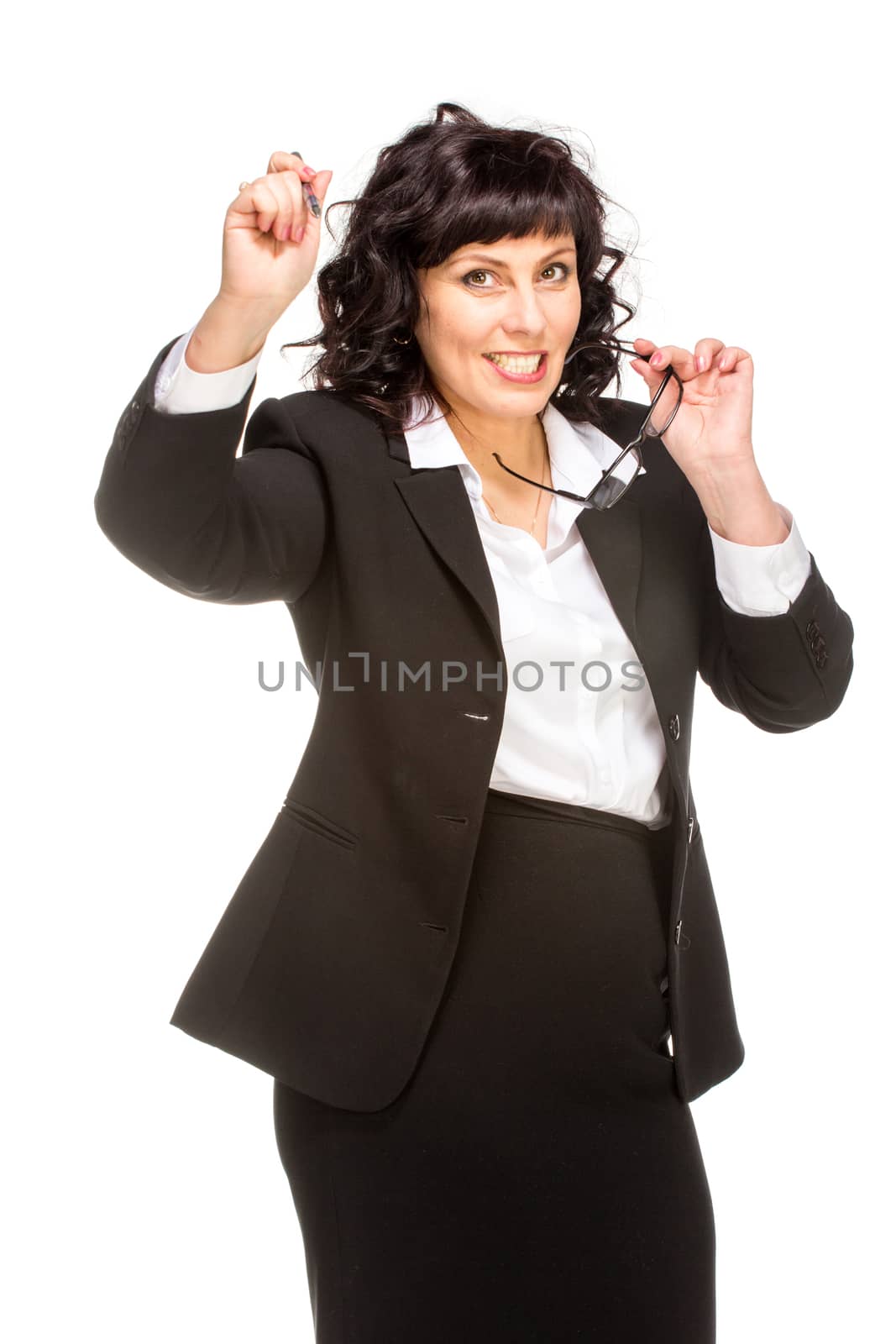 Cheerful senior business woman, isolated on white