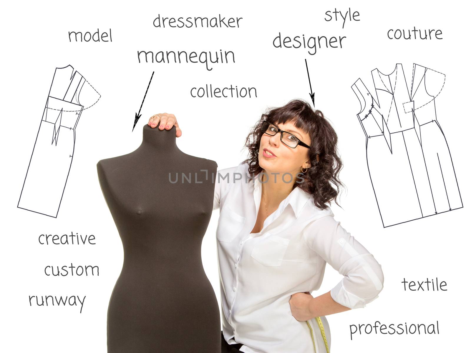 Happy Adult tailor with mannequin on word cloud, isolated on white