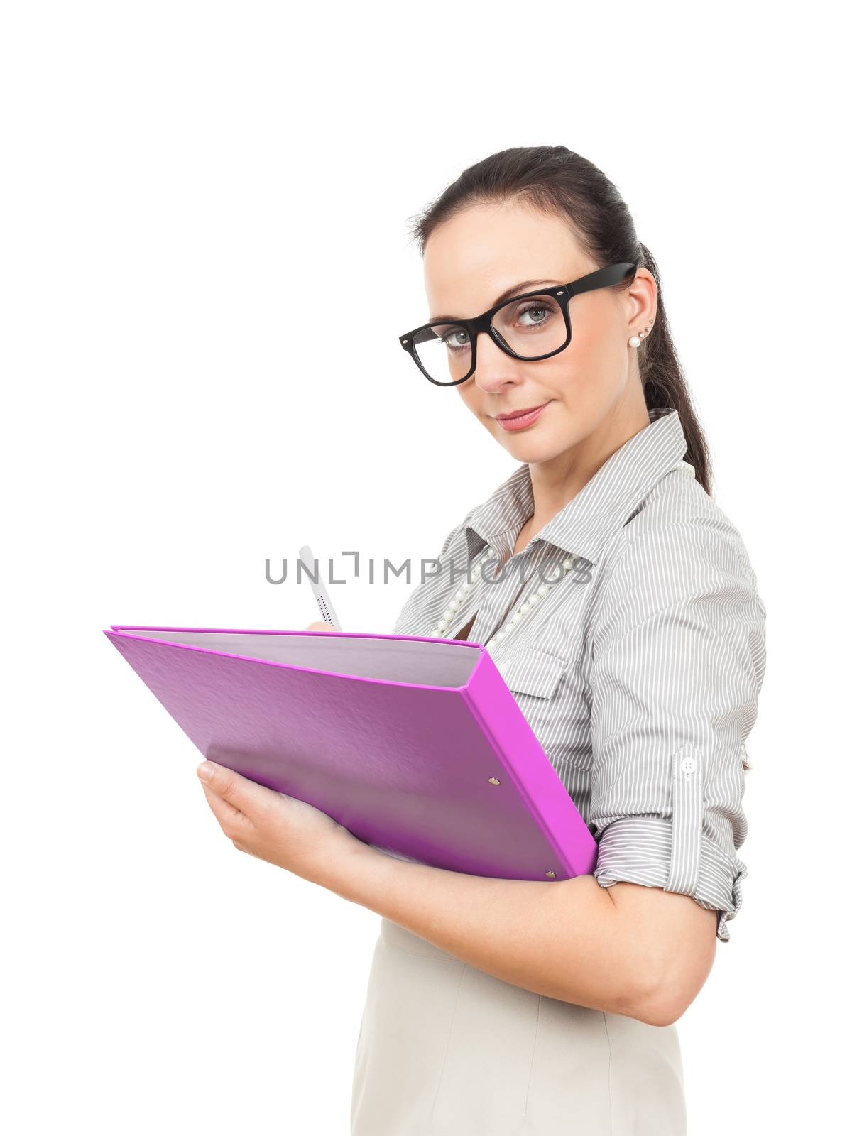 A business woman with a pink folder and a pencil