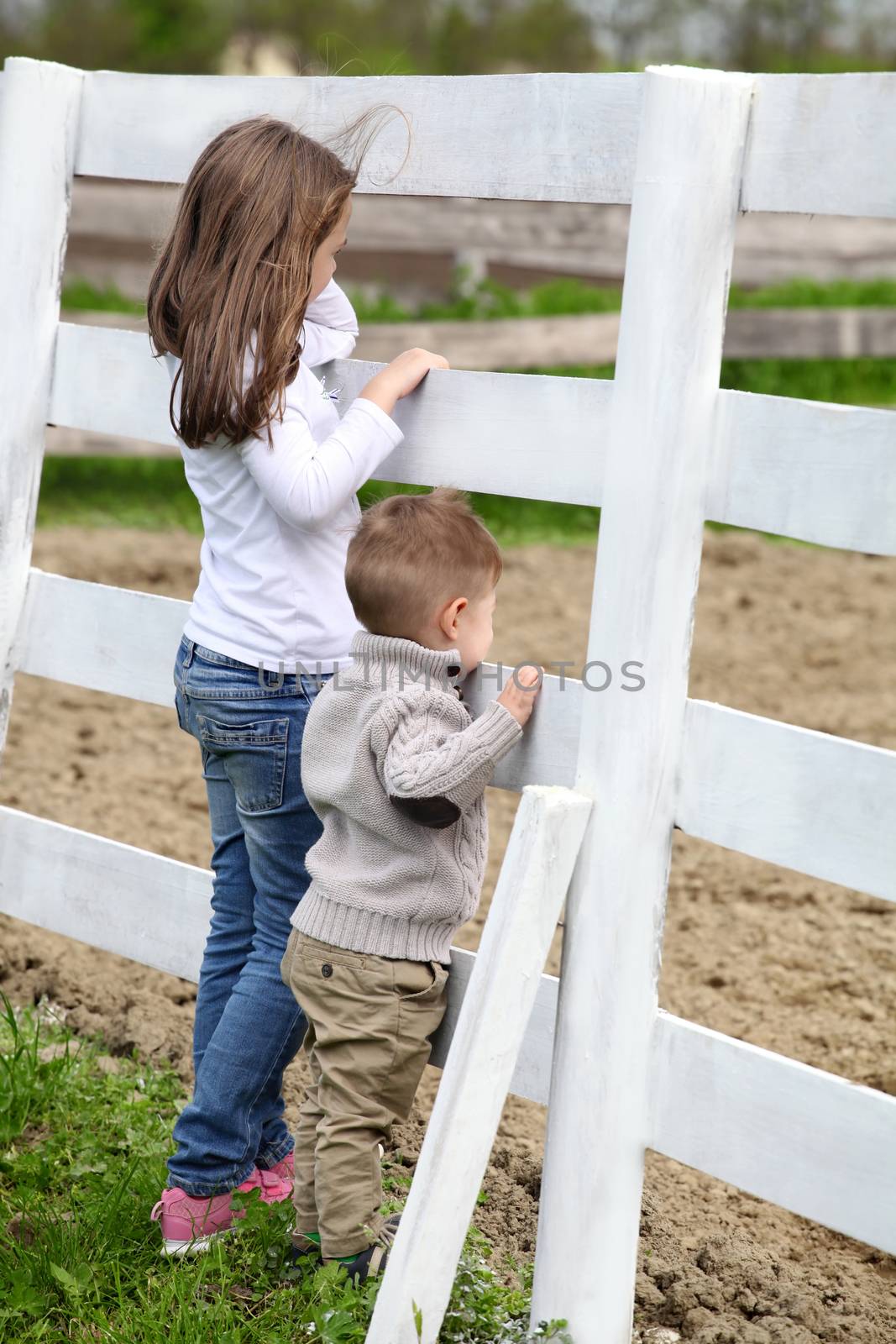 Pre-teen girl and Baby boy on the a white picket fence beside th by vladacanon