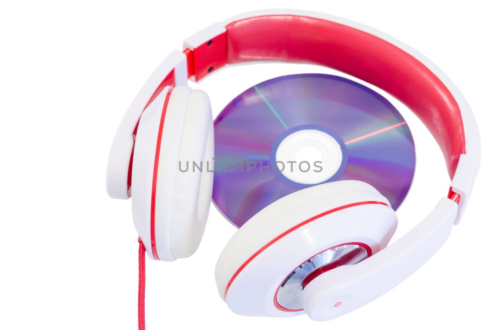 Audio language course compact disc and red white colored headphones isolated