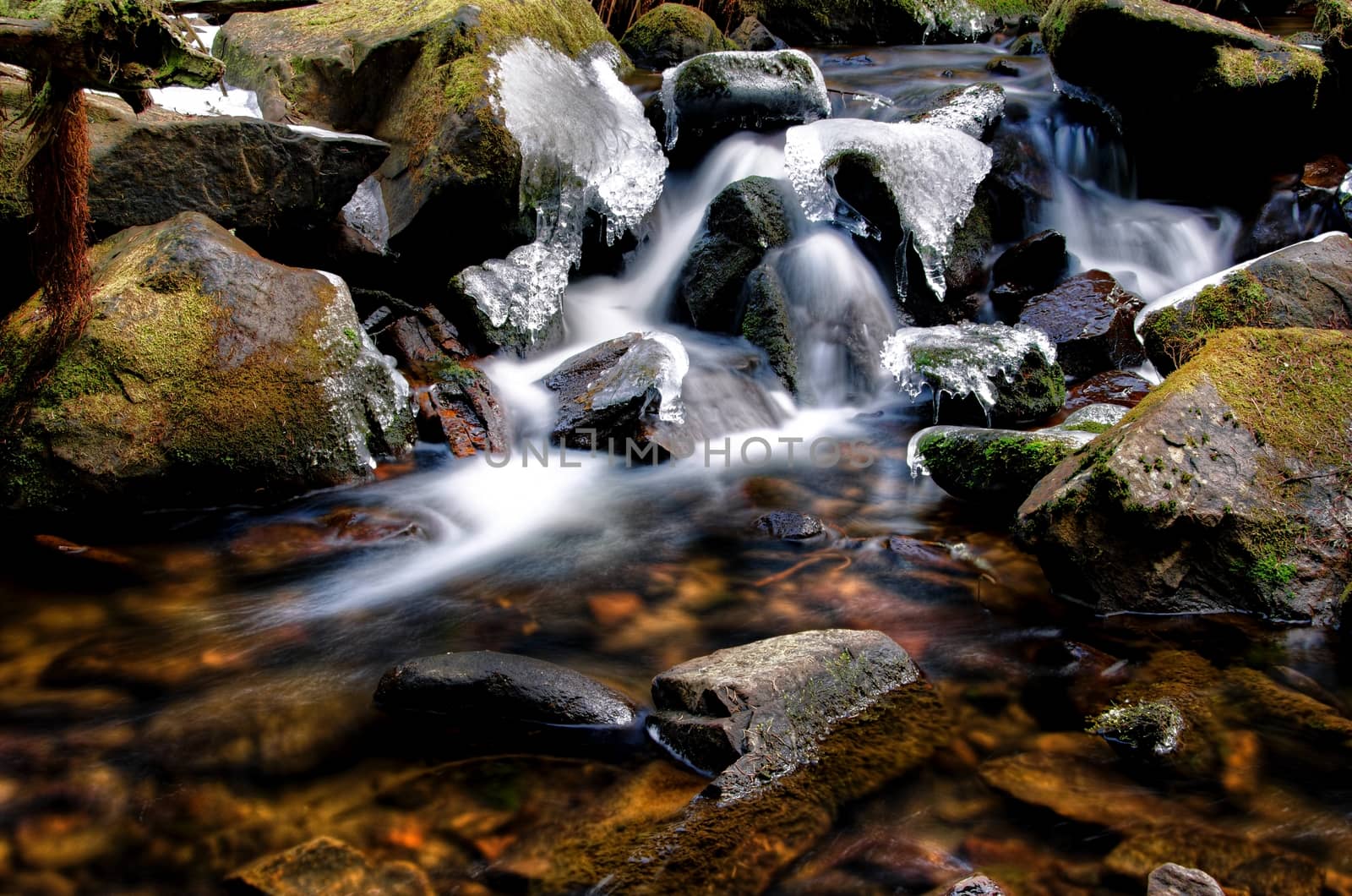 Detail of small waterfall with ice and snow.