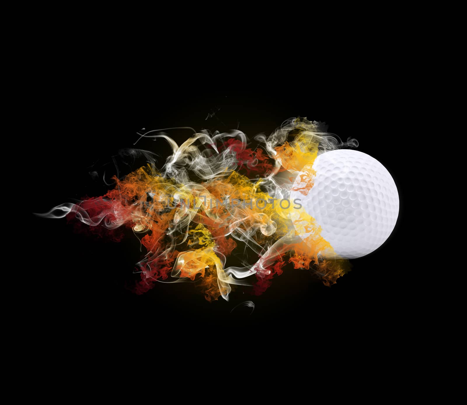 Golf ball in the colored smoke. Sport concept
