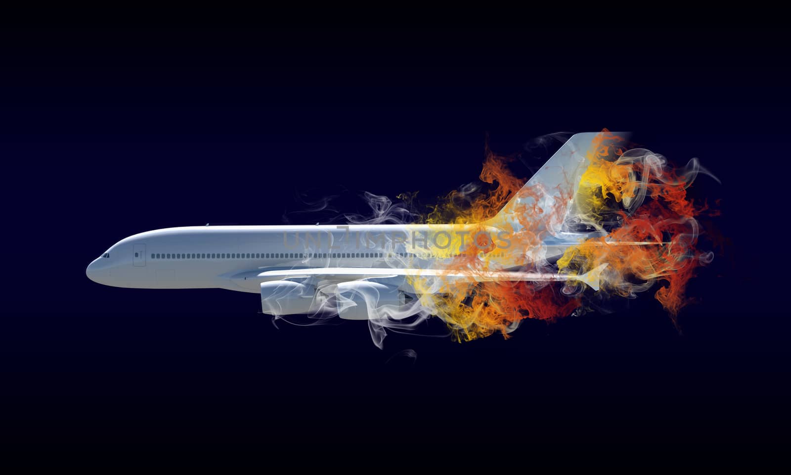 Passenger airplane in the colored smoke. Aviation concept